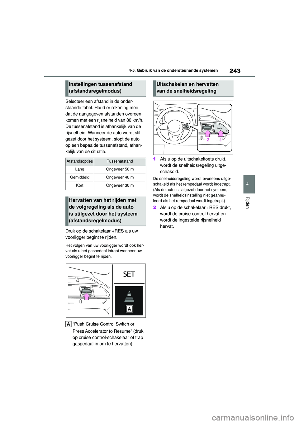 TOYOTA YARIS CROSS 2022  Instructieboekje (in Dutch) 243
4
Handleiding CV_Europa_M52N20_nl
4-5. Gebruik van de ondersteunende systemen
Rijden
Selecteer een afstand in de onder-
staande tabel. Houd er rekening mee 
dat de aangegeven afstanden overeen-
ko TOYOTA YARIS CROSS 2022  Instructieboekje (in Dutch) 243
4
Handleiding CV_Europa_M52N20_nl
4-5. Gebruik van de ondersteunende systemen
Rijden
Selecteer een afstand in de onder-
staande tabel. Houd er rekening mee 
dat de aangegeven afstanden overeen-
ko