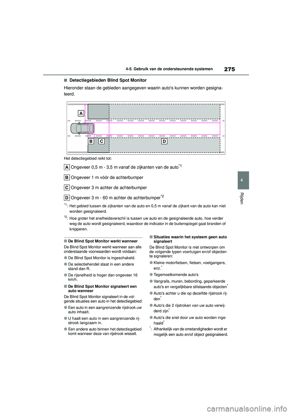 TOYOTA YARIS CROSS 2022 Instructieboekje (in Dutch) 275
4
Handleiding CV_Europa_M52N20_nl
4-5. Gebruik van de ondersteunende systemen
Rijden
■Detectiegebieden Blind Spot Monitor
Hieronder staan de gebieden aangegeven waarin autos kunnen worden gesig TOYOTA YARIS CROSS 2022 Instructieboekje (in Dutch) 275
4
Handleiding CV_Europa_M52N20_nl
4-5. Gebruik van de ondersteunende systemen
Rijden
■Detectiegebieden Blind Spot Monitor
Hieronder staan de gebieden aangegeven waarin autos kunnen worden gesig