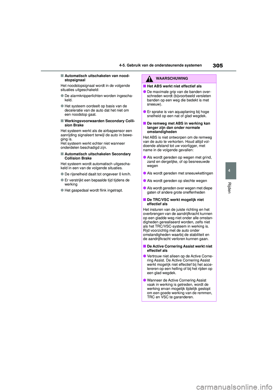 TOYOTA YARIS CROSS 2022 Instructieboekje (in Dutch) 305
4
Handleiding CV_Europa_M52N20_nl
4-5. Gebruik van de ondersteunende systemen
Rijden
■Automatisch uitschakelen van nood-
stopsignaal
Het noodstopsignaal wordt in de volgende
situaties uitgescha TOYOTA YARIS CROSS 2022 Instructieboekje (in Dutch) 305
4
Handleiding CV_Europa_M52N20_nl
4-5. Gebruik van de ondersteunende systemen
Rijden
■Automatisch uitschakelen van nood-
stopsignaal
Het noodstopsignaal wordt in de volgende
situaties uitgescha