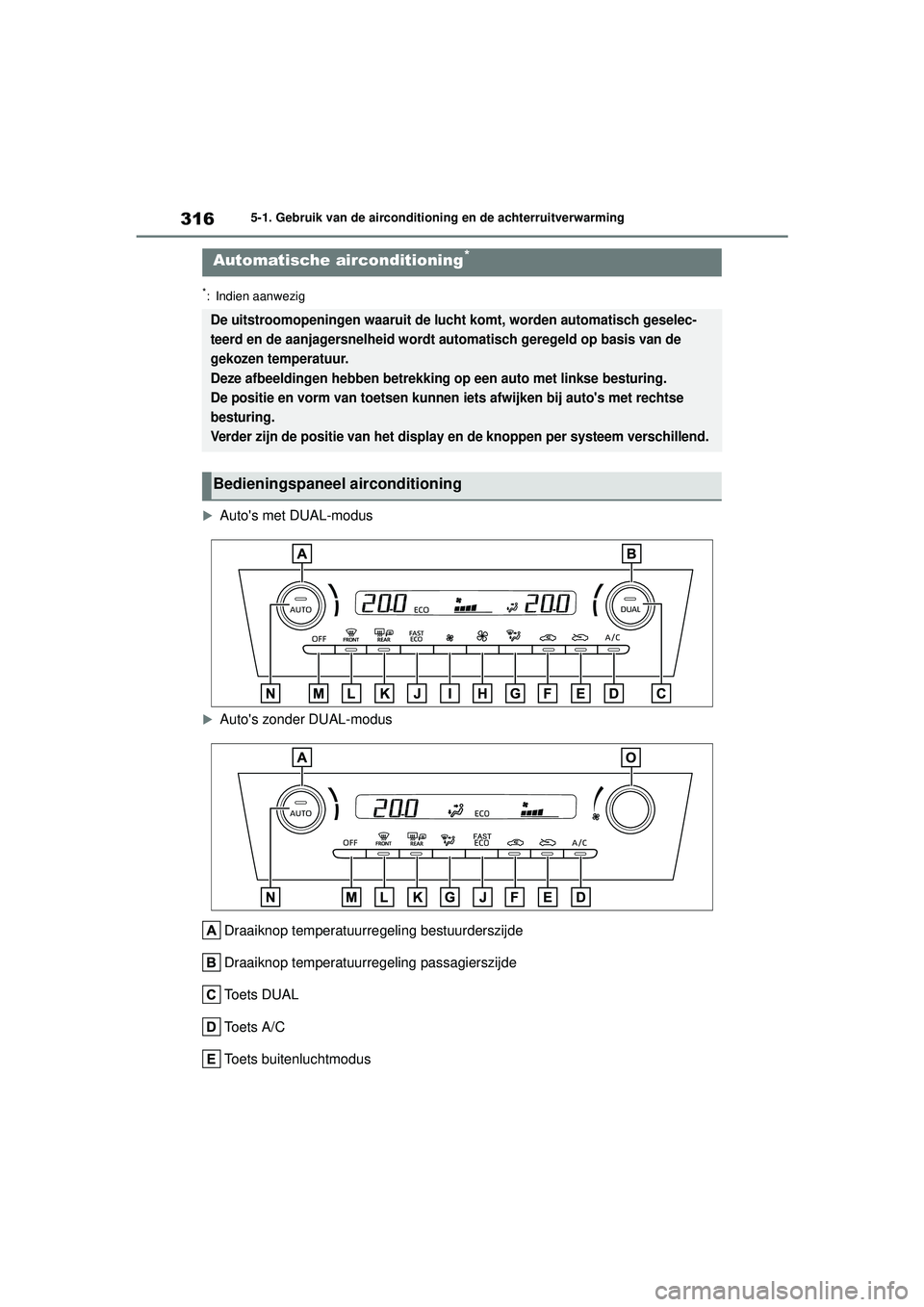 TOYOTA YARIS CROSS 2022 Instructieboekje (in Dutch) 316
Handleiding CV_Europa_M52N20_nl
5-1. Gebruik van de airconditioning en de achterruitverwarming
*: Indien aanwezig
Autos met DUAL-modus
Autos zonder DUAL-modus Draaiknop temperatuurre geli TOYOTA YARIS CROSS 2022 Instructieboekje (in Dutch) 316
Handleiding CV_Europa_M52N20_nl
5-1. Gebruik van de airconditioning en de achterruitverwarming
*: Indien aanwezig
Autos met DUAL-modus
Autos zonder DUAL-modus Draaiknop temperatuurre geli
