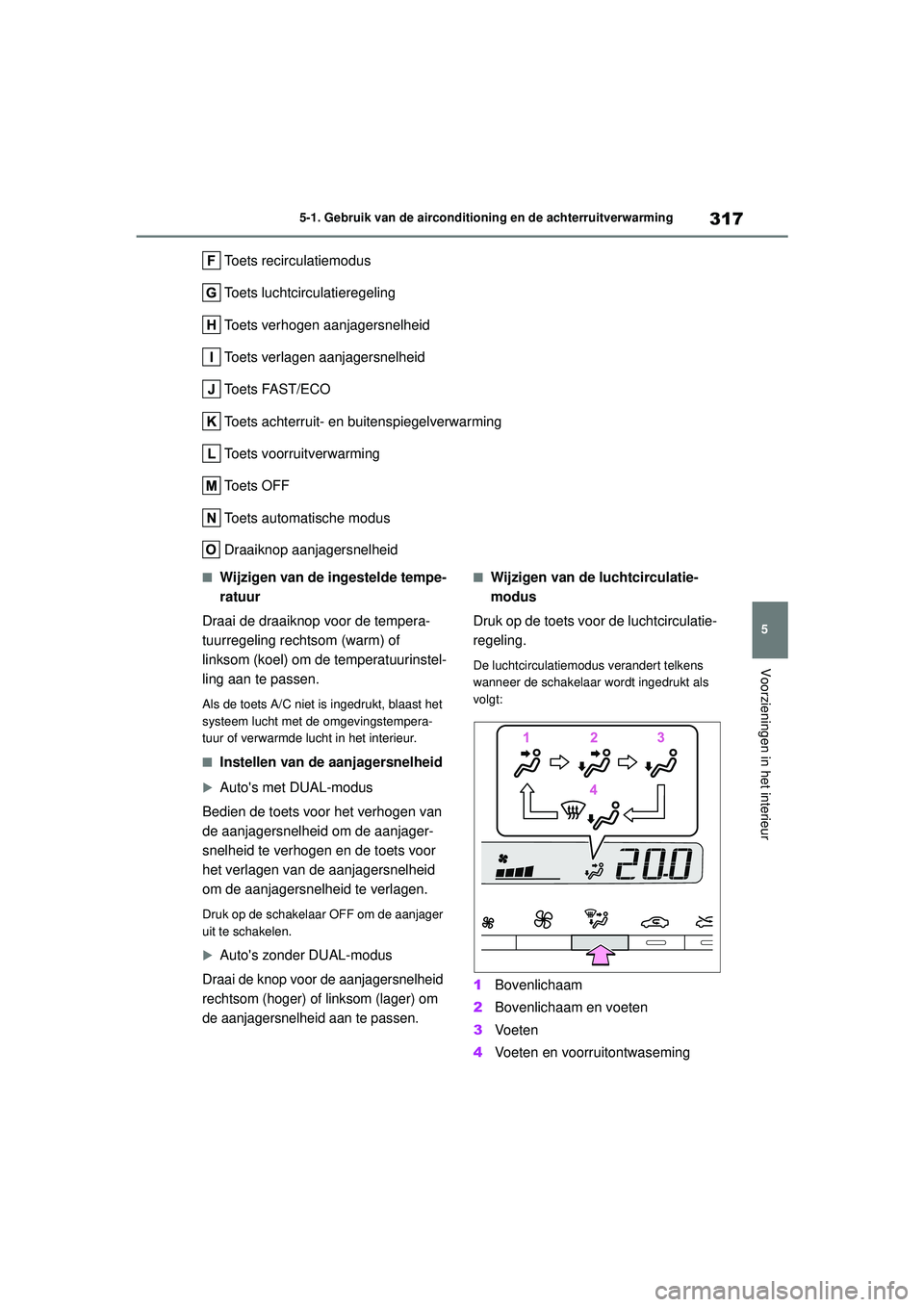 TOYOTA YARIS CROSS 2022 Instructieboekje (in Dutch) 317
5
Handleiding CV_Europa_M52N20_nl
5-1. Gebruik van de airconditioning en de achterruitverwarming
Voorzieningen in het interieur
Toets recirculatiemodus
Toets luchtcirculatieregeling
Toets verhogen TOYOTA YARIS CROSS 2022 Instructieboekje (in Dutch) 317
5
Handleiding CV_Europa_M52N20_nl
5-1. Gebruik van de airconditioning en de achterruitverwarming
Voorzieningen in het interieur
Toets recirculatiemodus
Toets luchtcirculatieregeling
Toets verhogen