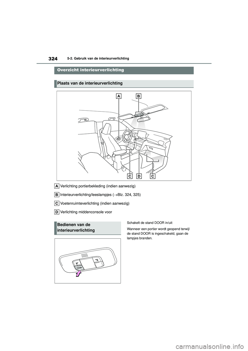 TOYOTA YARIS CROSS 2022 Instructieboekje (in Dutch) 324
Handleiding CV_Europa_M52N20_nl
5-2. Gebruik van de interieurverlichting
5-2.Gebruik van de interieurverlichting
Verlichting portierbekleding (indien aanwezig)
Interieurverlichting/leeslampjes ( TOYOTA YARIS CROSS 2022 Instructieboekje (in Dutch) 324
Handleiding CV_Europa_M52N20_nl
5-2. Gebruik van de interieurverlichting
5-2.Gebruik van de interieurverlichting
Verlichting portierbekleding (indien aanwezig)
Interieurverlichting/leeslampjes (