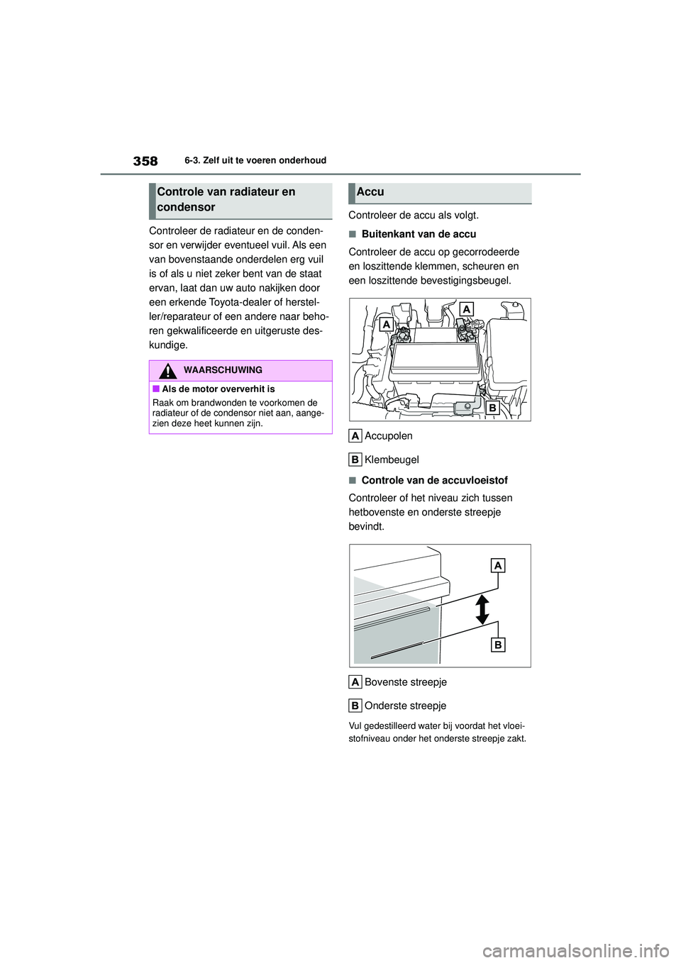 TOYOTA YARIS CROSS 2022  Instructieboekje (in Dutch) 358
Handleiding CV_Europa_M52N20_nl
6-3. Zelf uit te voeren onderhoud
Controleer de radiateur en de conden-
sor en verwijder eventueel vuil. Als een 
van bovenstaande onderdelen erg vuil 
is of als u 