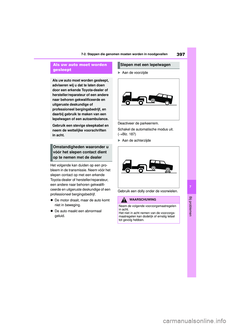 TOYOTA YARIS CROSS 2022 Instructieboekje (in Dutch) 397
7
Handleiding CV_Europa_M52N20_nl
7-2. Stappen die genomen moeten worden in noodgevallen
Bij problemen
7-2.Stappen die genomen moeten worden in noodgevallen
Het volgende kan duiden op een pro-
ble TOYOTA YARIS CROSS 2022 Instructieboekje (in Dutch) 397
7
Handleiding CV_Europa_M52N20_nl
7-2. Stappen die genomen moeten worden in noodgevallen
Bij problemen
7-2.Stappen die genomen moeten worden in noodgevallen
Het volgende kan duiden op een pro-
ble