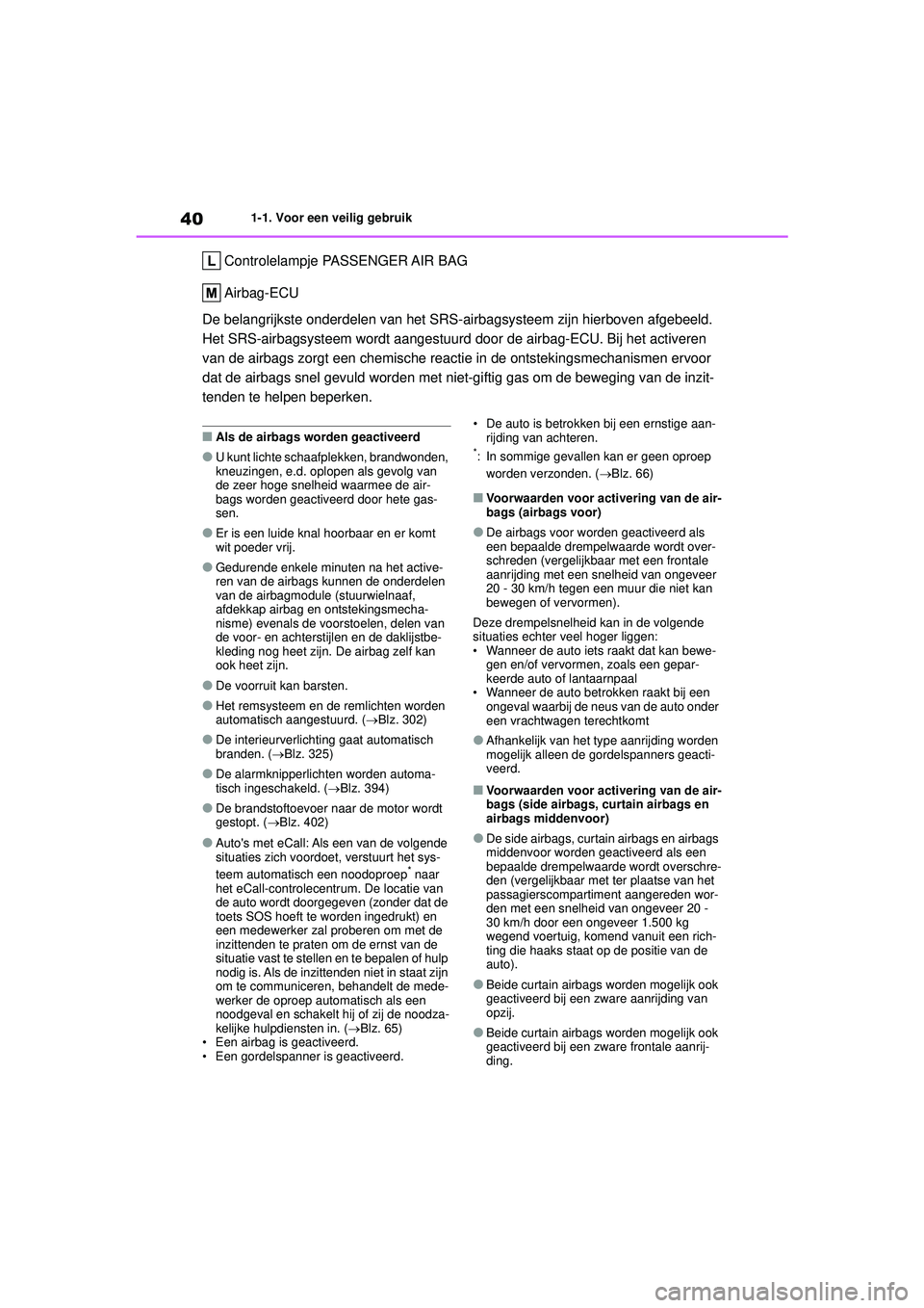 TOYOTA YARIS CROSS 2022  Instructieboekje (in Dutch) 40
Handleiding CV_Europa_M52N20_nl
1-1. Voor een veilig gebruik
Controlelampje PASSENGER AIR BAG
Airbag-ECU
De belangrijkste onderdel en van het SRS-airbagsysteem  zijn hierboven afgebeeld. 
Het SRS-a