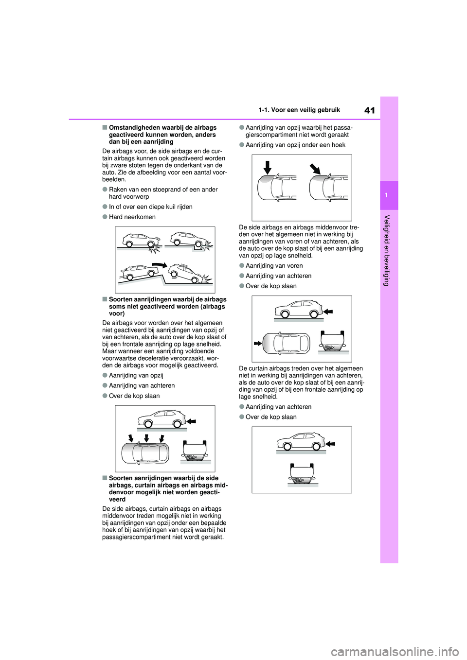 TOYOTA YARIS CROSS 2022  Instructieboekje (in Dutch) 41
1
Handleiding CV_Europa_M52N20_nl
1-1. Voor een veilig gebruik
Veiligheid en beveiliging
■Omstandigheden waarbij de airbags 
geactiveerd kunnen worden, anders 
dan bij een aanrijding
De airbags v