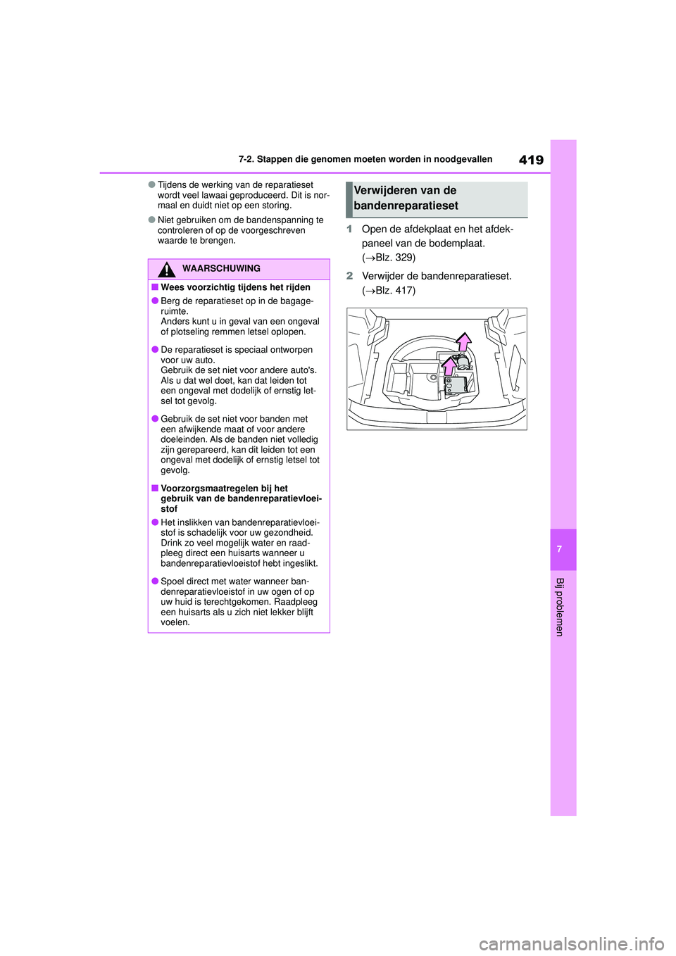 TOYOTA YARIS CROSS 2022  Instructieboekje (in Dutch) 419
7
Handleiding CV_Europa_M52N20_nl
7-2. Stappen die genomen moeten worden in noodgevallen
Bij problemen
●Tijdens de werking van de reparatieset 
wordt veel lawaai geproduceerd. Dit is nor-
maal e