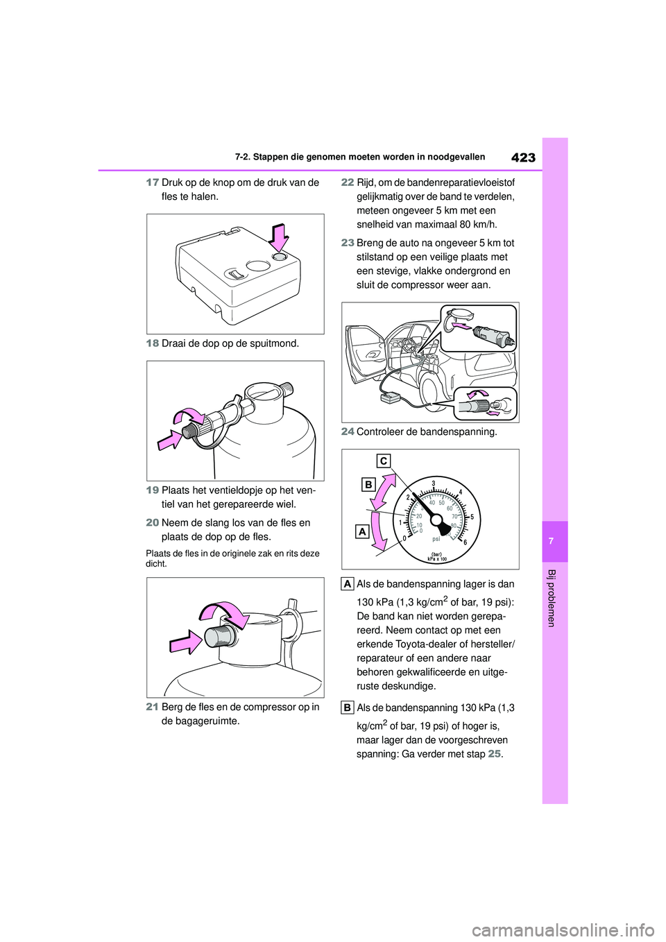 TOYOTA YARIS CROSS 2022  Instructieboekje (in Dutch) 423
7
Handleiding CV_Europa_M52N20_nl
7-2. Stappen die genomen moeten worden in noodgevallen
Bij problemen
17Druk op de knop om de druk van de 
fles te halen.
18 Draai de dop op de spuitmond.
19 Plaat