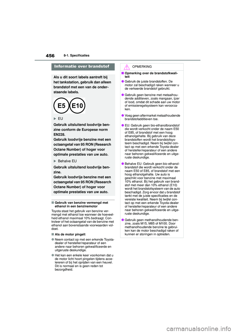 TOYOTA YARIS CROSS 2022 Instructieboekje (in Dutch) 456
Handleiding CV_Europa_M52N20_nl
8-1. Specificaties
■Gebruik van benzine vermengd met
ethanol in een benzinemotor
Toyota staat het gebruik van benzine ver-
mengd met ethanol toe wanneer de hoeve TOYOTA YARIS CROSS 2022 Instructieboekje (in Dutch) 456
Handleiding CV_Europa_M52N20_nl
8-1. Specificaties
■Gebruik van benzine vermengd met
ethanol in een benzinemotor
Toyota staat het gebruik van benzine ver-
mengd met ethanol toe wanneer de hoeve