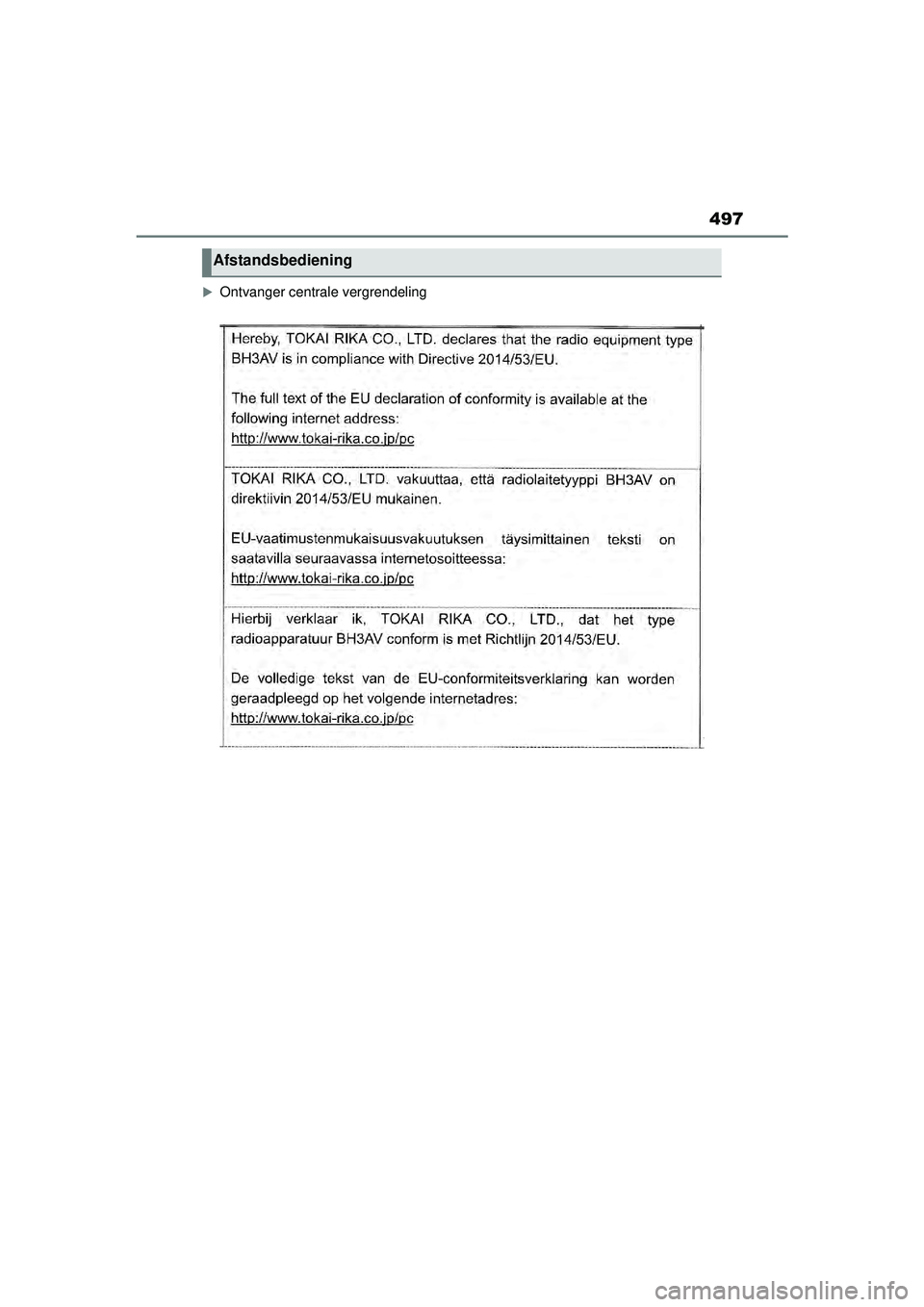 TOYOTA YARIS CROSS 2022  Instructieboekje (in Dutch) 497
Handleiding CV_Europa_M52N20_nl
Ontvanger centrale vergrendeling
Afstandsbediening
YARIS_CROSS_OM_Europe_OM52N20E.book  Page 497  Monday, September 6, 2021  11:13 AM 
