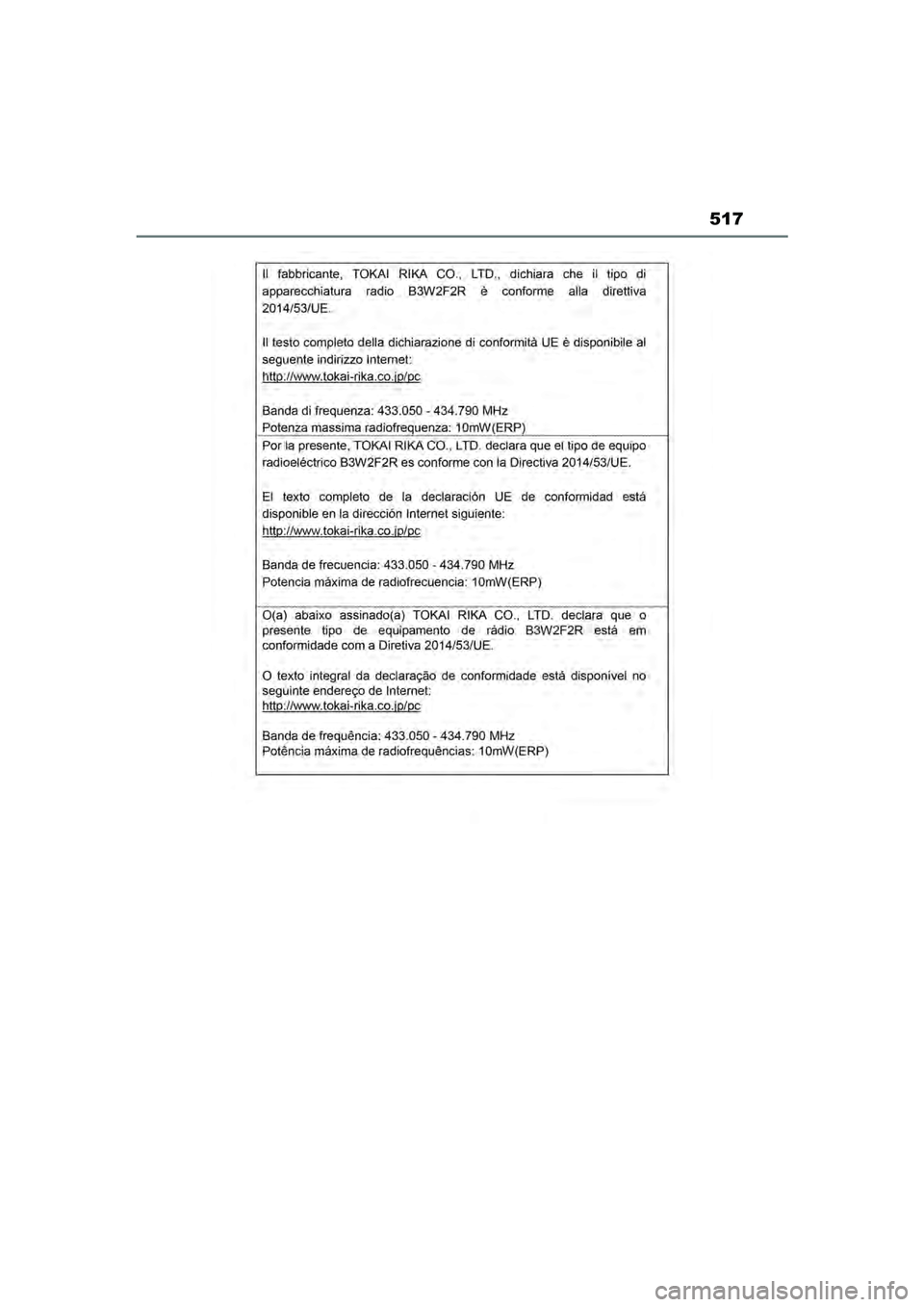 TOYOTA YARIS CROSS 2022 Instructieboekje (in Dutch) 517
Handleiding CV_Europa_M52N20_nl
YARIS_CROSS_OM_Europe_OM52N20E.book Page 517 Monday, September 6, 2021 11:13 AM TOYOTA YARIS CROSS 2022 Instructieboekje (in Dutch) 517
Handleiding CV_Europa_M52N20_nl
YARIS_CROSS_OM_Europe_OM52N20E.book Page 517 Monday, September 6, 2021 11:13 AM