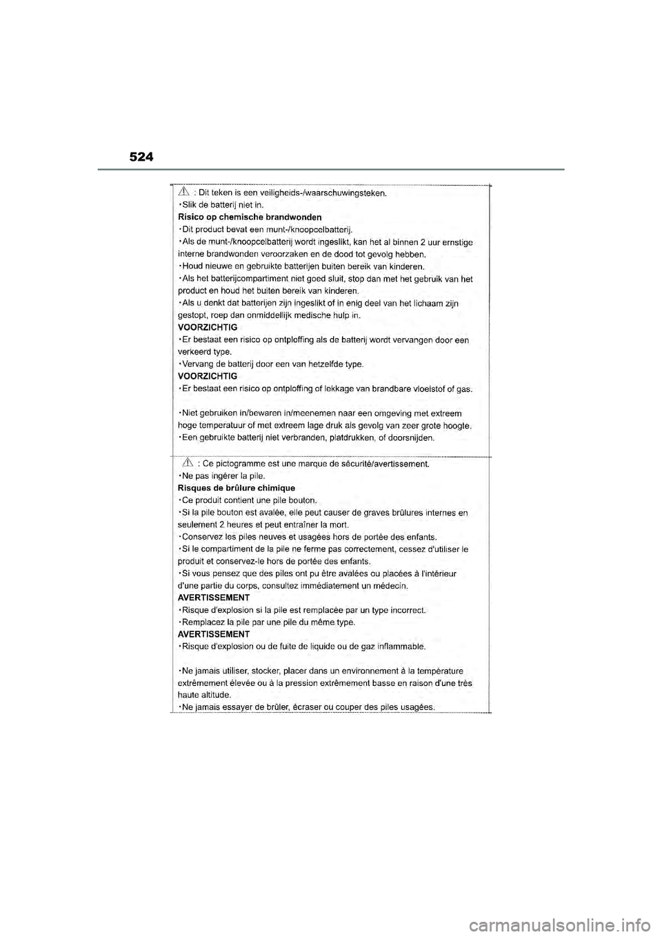 TOYOTA YARIS CROSS 2022 Instructieboekje (in Dutch) 524
Handleiding CV_Europa_M52N20_nl
YARIS_CROSS_OM_Europe_OM52N20E.book Page 524 Monday, September 6, 2021 11:13 AM TOYOTA YARIS CROSS 2022 Instructieboekje (in Dutch) 524
Handleiding CV_Europa_M52N20_nl
YARIS_CROSS_OM_Europe_OM52N20E.book Page 524 Monday, September 6, 2021 11:13 AM