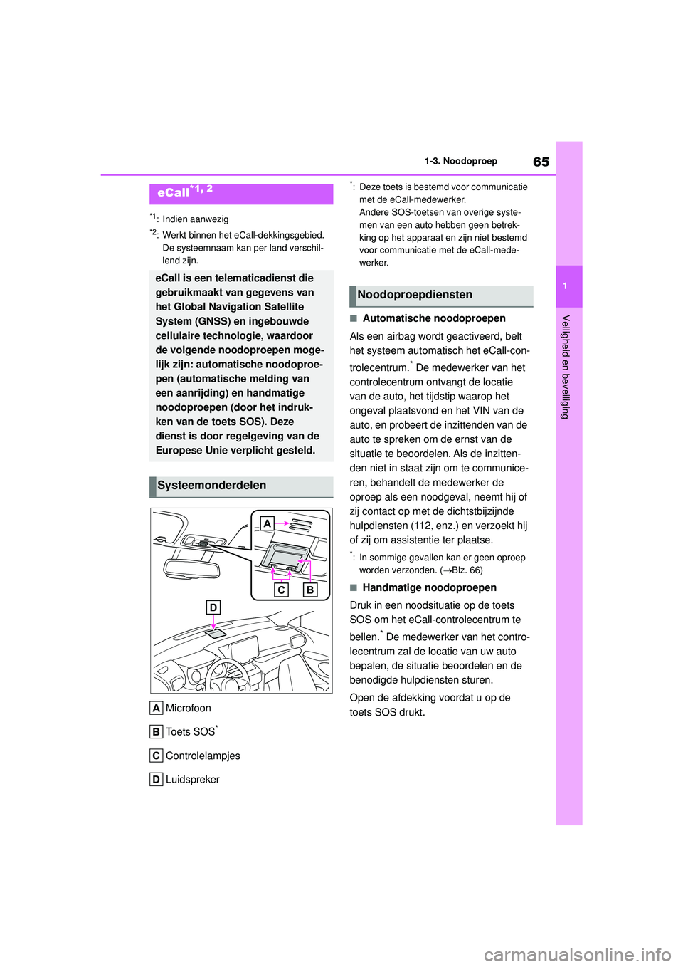 TOYOTA YARIS CROSS 2022  Instructieboekje (in Dutch) 65
1
Handleiding CV_Europa_M52N20_nl
1-3. Noodoproep
Veiligheid en beveiliging
1-3.Noodoproep
*1: Indien aanwezig
*2: Werkt binnen het eCall-dekkingsgebied. De systeemnaam kan per land verschil-
lend 