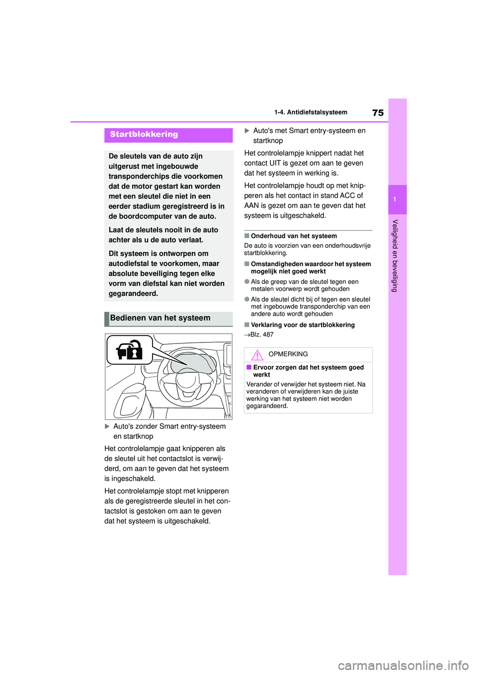 TOYOTA YARIS CROSS 2022 Instructieboekje (in Dutch) 75
1
Handleiding CV_Europa_M52N20_nl
1-4. Antidiefstalsysteem
Veiligheid en beveiliging
1-4.Antidiefstalsysteem
Autos zonder Smart entry-systeem
en startknop
Het controlelampje gaat knipperen als TOYOTA YARIS CROSS 2022 Instructieboekje (in Dutch) 75
1
Handleiding CV_Europa_M52N20_nl
1-4. Antidiefstalsysteem
Veiligheid en beveiliging
1-4.Antidiefstalsysteem
Autos zonder Smart entry-systeem
en startknop
Het controlelampje gaat knipperen als