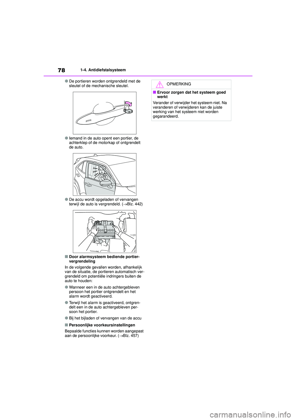 TOYOTA YARIS CROSS 2022 Instructieboekje (in Dutch) 78
Handleiding CV_Europa_M52N20_nl
1-4. Antidiefstalsysteem
●De portieren worden ontgrendeld met de
sleutel of de mechanische sleutel.
●Iemand in de auto opent een portier, de
achterklep of de m TOYOTA YARIS CROSS 2022 Instructieboekje (in Dutch) 78
Handleiding CV_Europa_M52N20_nl
1-4. Antidiefstalsysteem
●De portieren worden ontgrendeld met de
sleutel of de mechanische sleutel.
●Iemand in de auto opent een portier, de
achterklep of de m
