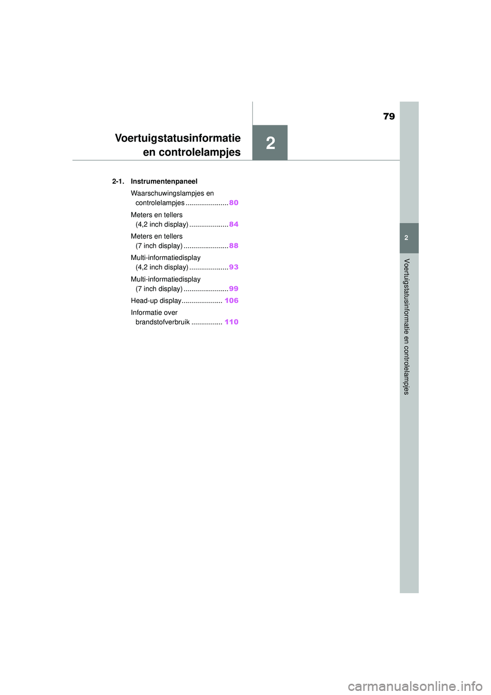 TOYOTA YARIS CROSS 2022 Instructieboekje (in Dutch) 2
79
Handleiding CV_Europa_M52N20_nl
2
Voertuigstatusinformatie en controlelampjes
Voertuigstatusinformatieen controlelampjes
2-1. Instrumentenpaneel
Waarschuwingslampjes en controlelampjes .......... TOYOTA YARIS CROSS 2022 Instructieboekje (in Dutch) 2
79
Handleiding CV_Europa_M52N20_nl
2
Voertuigstatusinformatie en controlelampjes
Voertuigstatusinformatieen controlelampjes
2-1. Instrumentenpaneel
Waarschuwingslampjes en controlelampjes ..........