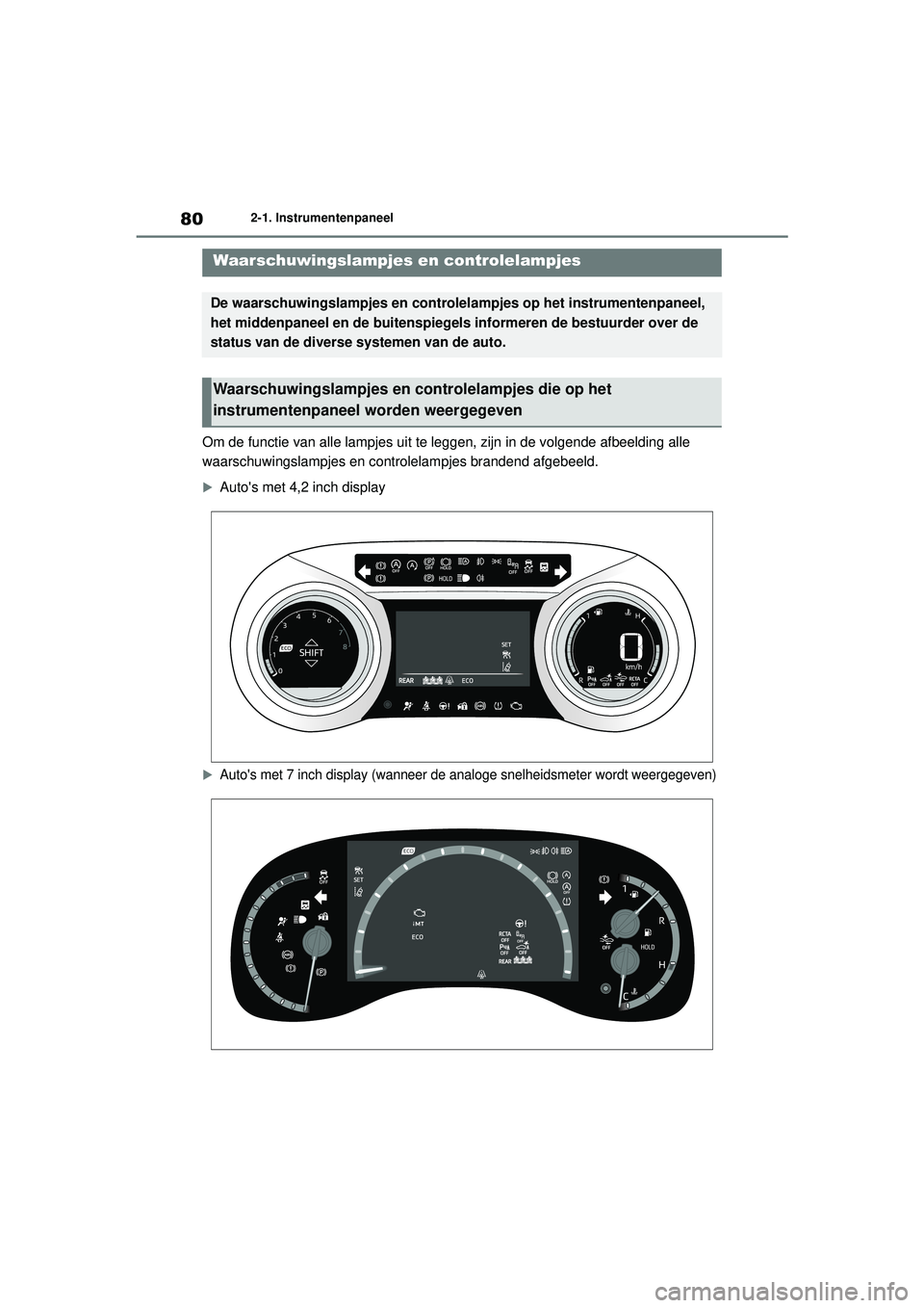 TOYOTA YARIS CROSS 2022 Instructieboekje (in Dutch) 80
Handleiding CV_Europa_M52N20_nl
2-1. Instrumentenpaneel
2-1.Instrumentenpaneel
Om de functie van alle lampjes uit te leggen, zijn in de volgende afbeelding alle
waarschuwingslampjes en controlelam TOYOTA YARIS CROSS 2022 Instructieboekje (in Dutch) 80
Handleiding CV_Europa_M52N20_nl
2-1. Instrumentenpaneel
2-1.Instrumentenpaneel
Om de functie van alle lampjes uit te leggen, zijn in de volgende afbeelding alle
waarschuwingslampjes en controlelam