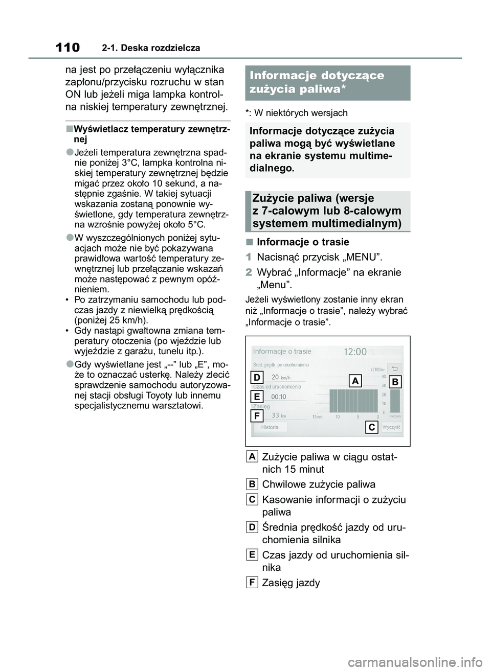TOYOTA YARIS CROSS 2022  Instrukcja obsługi (in Polish) na jest po prze∏àczeniu wy∏àcznika
zap∏onu/przycisku rozruchu w stan
ON lub je˝eli miga lampka kontrol-
na niskiej temperatury zewn´trznej.
WyÊwietlacz temperatury zewn´trz-
nej
Je˝eli te