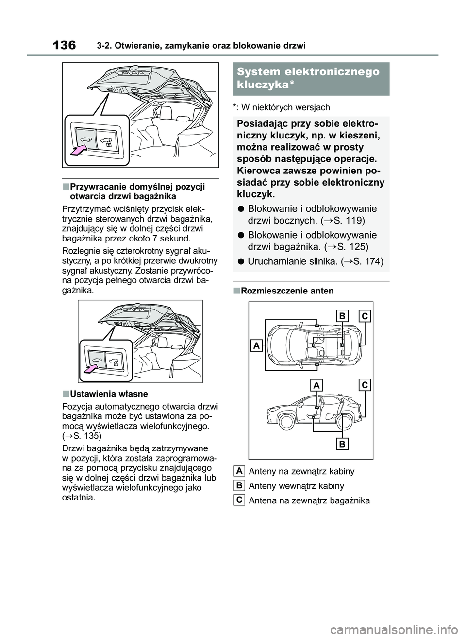 TOYOTA YARIS CROSS 2022  Instrukcja obsługi (in Polish) Przywracanie domyÊlnej pozycji
otwarcia drzwi baga˝nika
Przytrzymaç wciÊni´ty przycisk elek-
trycznie sterowanych drzwi baga˝nika,
znajdujàcy si´ w dolnej cz´Êci drzwi 
baga˝nika przez oko