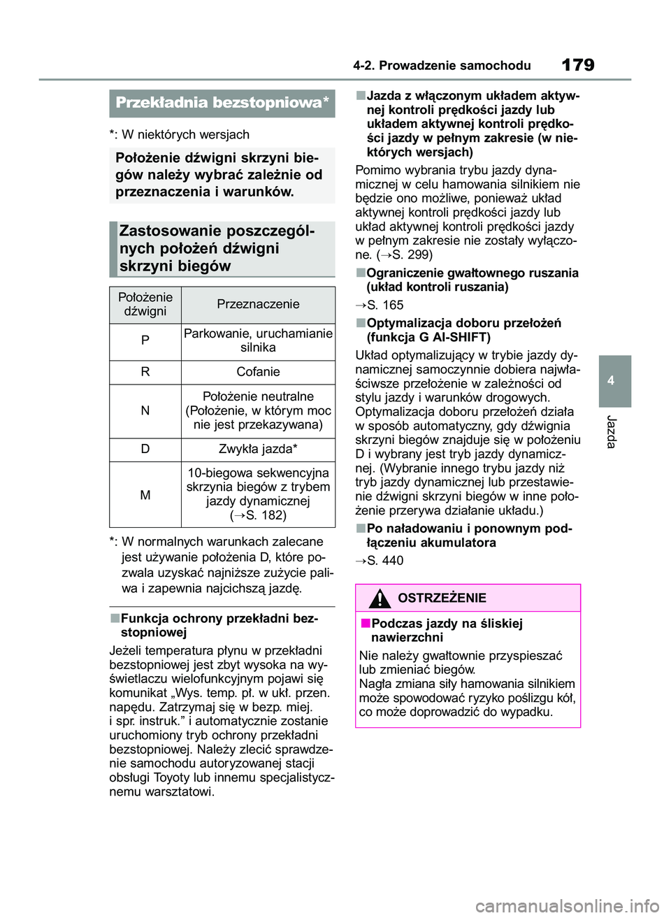 TOYOTA YARIS CROSS 2022  Instrukcja obsługi (in Polish) *: W niektórych wersjach
*: W normalnych warunkach zalecane
jest u˝ywanie po∏o˝enia D, które po-
zwala uzyskaç najni˝sze zu˝ycie pali-
wa i zapewnia najcichszà jazd´.
Funkcja ochrony przek