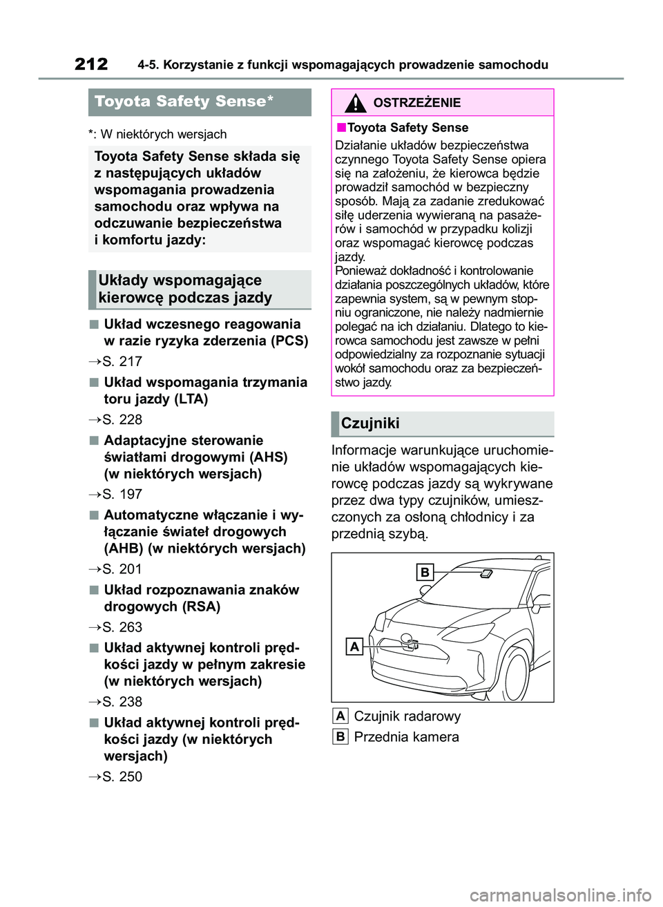 TOYOTA YARIS CROSS 2022  Instrukcja obsługi (in Polish) *: W niektórych wersjach
Uk∏ad wczesnego reagowania
w razie ryzyka zderzenia (PCS)
S. 217
Uk∏ad wspomagania trzymania
toru jazdy (LTA)
S. 228
Adaptacyjne sterowanie 
Êwiat∏ami drogowymi (AHS