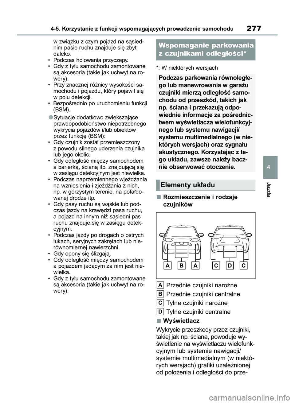 TOYOTA YARIS CROSS 2022 Instrukcja obsługi (in Polish) w zwiàzku z czym pojazd na sàsied-
nim pasie ruchu znajduje si´ zbyt
daleko.
• Podczas holowania przyczepy.
• Gdy z ty∏u samochodu zamontowane
sà akcesoria (takie jak uchwyt na ro-
wery). TOYOTA YARIS CROSS 2022 Instrukcja obsługi (in Polish) w zwiàzku z czym pojazd na sàsied-
nim pasie ruchu znajduje si´ zbyt
daleko.
• Podczas holowania przyczepy.
• Gdy z ty∏u samochodu zamontowane
sà akcesoria (takie jak uchwyt na ro-
wery).