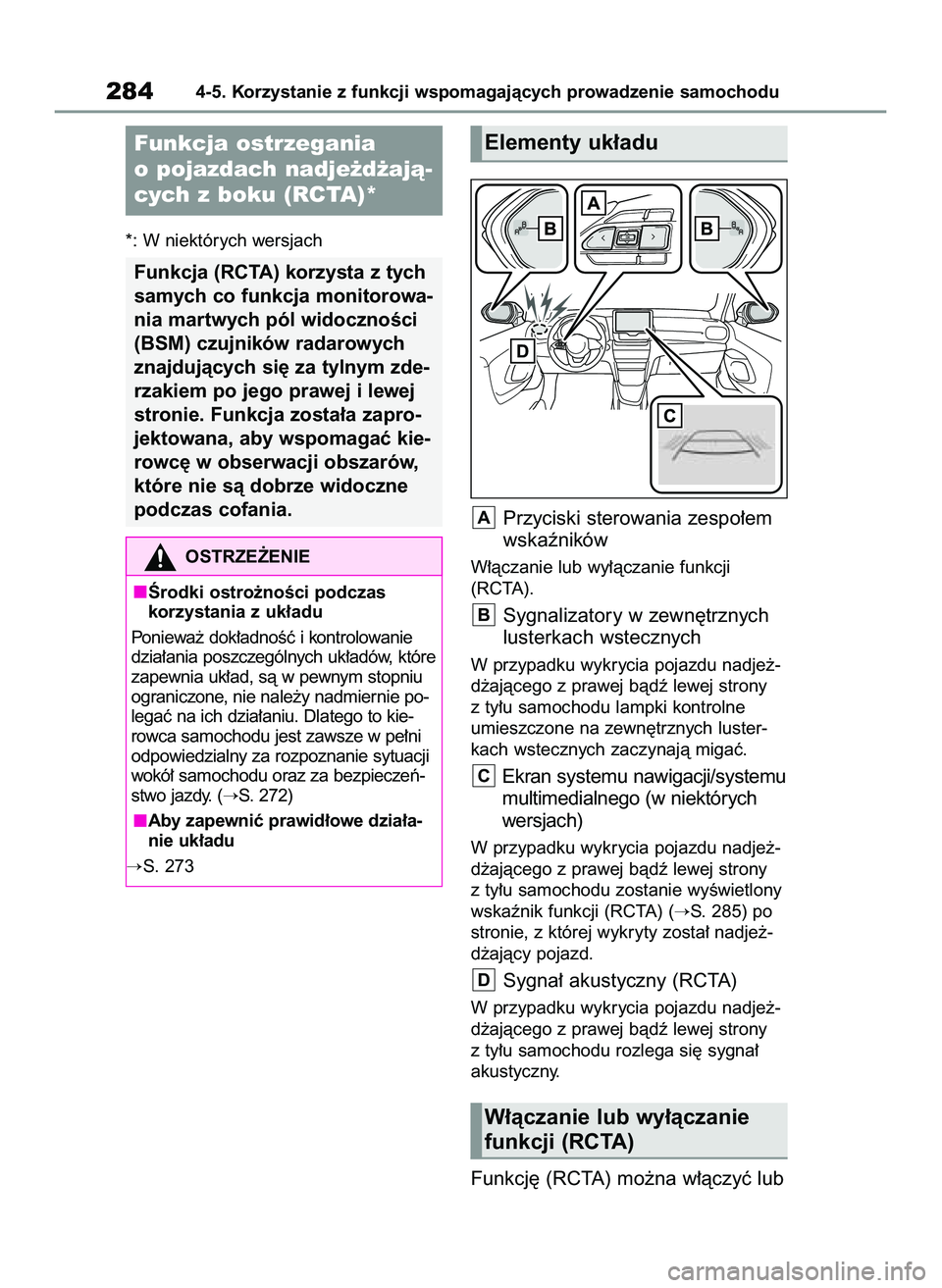 TOYOTA YARIS CROSS 2022  Instrukcja obsługi (in Polish) *: W niektórych wersjach
Przyciski sterowania zespo∏em
wskaêników
W∏àczanie lub wy∏àczanie funkcji
(RCTA).
Sygnalizatory w zewn´trznych
lusterkach wstecznych
W przypadku wykrycia pojazdu n