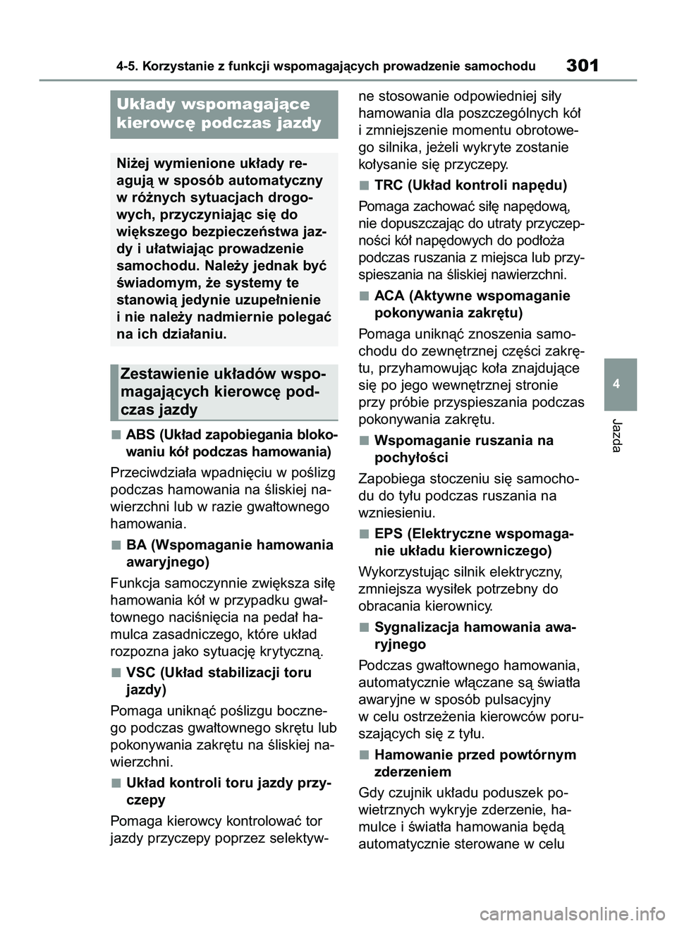 TOYOTA YARIS CROSS 2022  Instrukcja obsługi (in Polish) ABS (Uk∏ad zapobiegania bloko-
waniu kó∏ podczas hamowania)
Przeciwdzia∏a wpadni´ciu w poÊlizg
podczas hamowania na Êliskiej na-
wierzchni lub w razie gwa∏townego
hamowania.
BA (Wspomagani