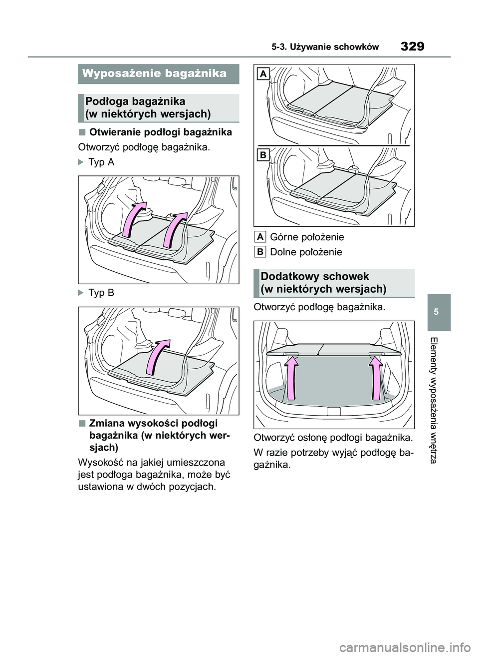 TOYOTA YARIS CROSS 2022 Instrukcja obsługi (in Polish) Otwieranie pod∏ogi baga˝nika
Otworzyç pod∏og´ baga˝nika.
óTyp A
óTyp B
Zmiana wysokoÊci pod∏ogi
baga˝nika (w niektórych wer-
sjach)
WysokoÊç na jakiej umieszczona
jest pod∏oga baga TOYOTA YARIS CROSS 2022 Instrukcja obsługi (in Polish) Otwieranie pod∏ogi baga˝nika
Otworzyç pod∏og´ baga˝nika.
óTyp A
óTyp B
Zmiana wysokoÊci pod∏ogi
baga˝nika (w niektórych wer-
sjach)
WysokoÊç na jakiej umieszczona
jest pod∏oga baga