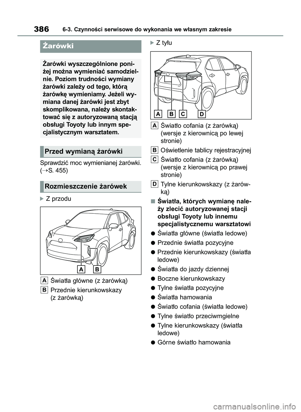 TOYOTA YARIS CROSS 2022  Instrukcja obsługi (in Polish) Sprawdziç moc wymienianej ˝arówki.
(
S. 455)
óZ przodu
Âwiat∏a g∏ówne (z ˝arówkà)
Przednie kierunkowskazy 
(z ˝arówkà)
óZ ty∏u
Âwiat∏o cofania (z ˝arówkà)
(wersje z kierownic