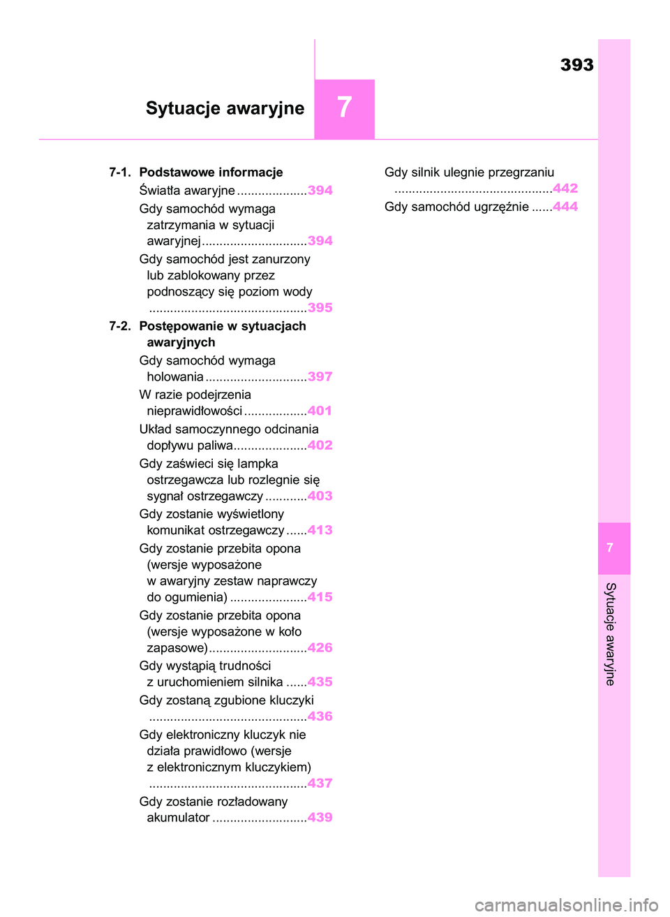 TOYOTA YARIS CROSS 2022 Instrukcja obsługi (in Polish) Sytuacje awaryjne
393
7 7-1. Podstawowe informacje
Âwiat∏a awaryjne ....................394
Gdy samochód wymaga
zatrzymania w sytuacji
awaryjnej ..............................394
Gdy samochód j TOYOTA YARIS CROSS 2022 Instrukcja obsługi (in Polish) Sytuacje awaryjne
393
7 7-1. Podstawowe informacje
Âwiat∏a awaryjne ....................394
Gdy samochód wymaga
zatrzymania w sytuacji
awaryjnej ..............................394
Gdy samochód j