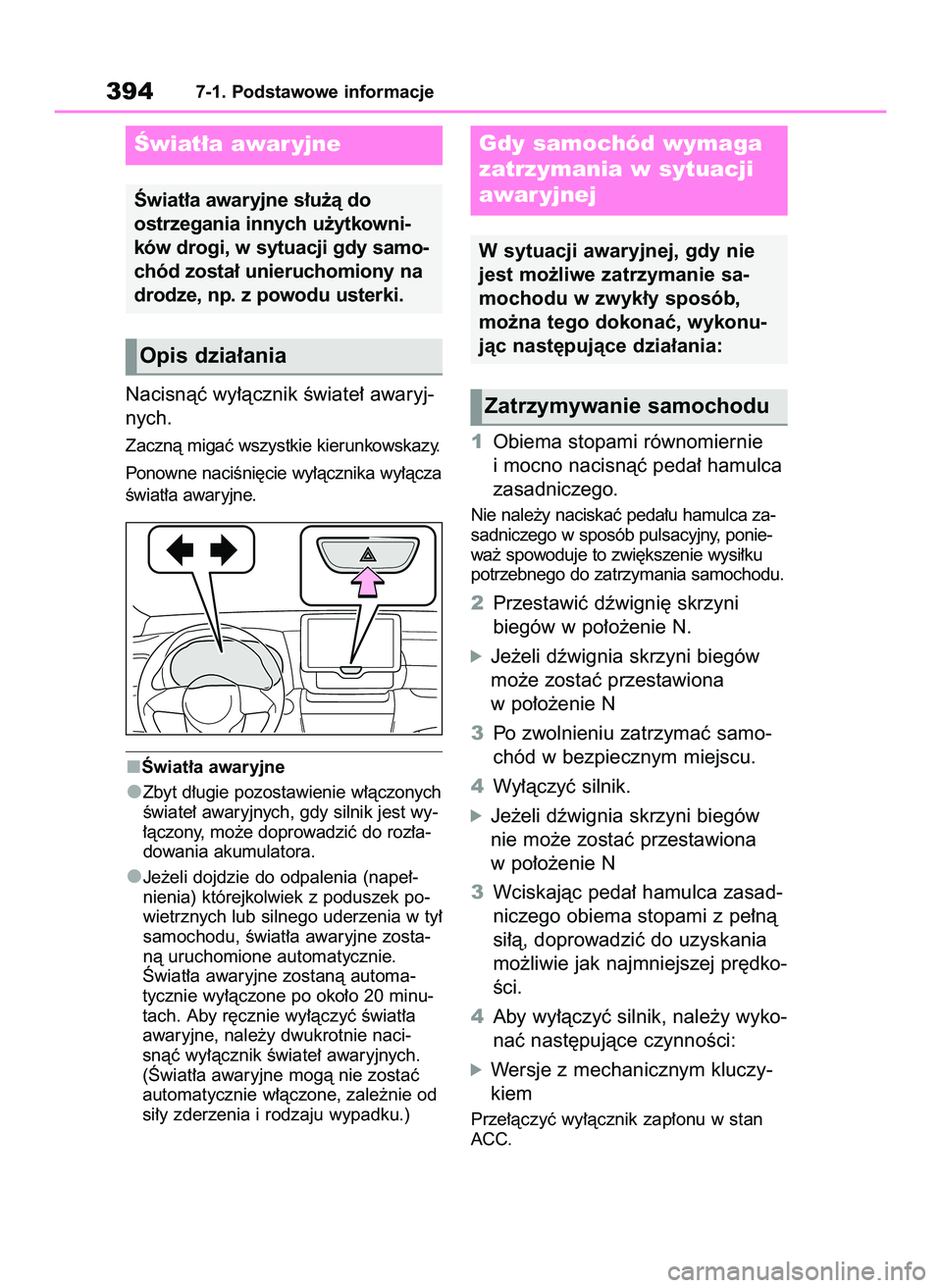 TOYOTA YARIS CROSS 2022 Instrukcja obsługi (in Polish) Nacisnàç wy∏àcznik Êwiate∏ awaryj-
nych.
Zacznà migaç wszystkie kierunkowskazy.
Ponowne naciÊni´cie wy∏àcznika wy∏àcza
Êwiat∏a awaryjne.
Âwiat∏a awaryjne
Zbyt d∏ugie pozostaw TOYOTA YARIS CROSS 2022 Instrukcja obsługi (in Polish) Nacisnàç wy∏àcznik Êwiate∏ awaryj-
nych.
Zacznà migaç wszystkie kierunkowskazy.
Ponowne naciÊni´cie wy∏àcznika wy∏àcza
Êwiat∏a awaryjne.
Âwiat∏a awaryjne
Zbyt d∏ugie pozostaw