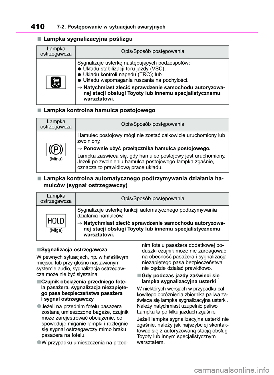 TOYOTA YARIS CROSS 2022  Instrukcja obsługi (in Polish) Sygnalizacja ostrzegawcza
W pewnych sytuacjach, np. w ha∏aÊliwym
miejscu lub przy g∏oÊno nastawionym
systemie audio, sygnalizacja ostrzegaw-
cza mo˝e nie byç s∏yszalna.
Czujnik obcià˝enia 
