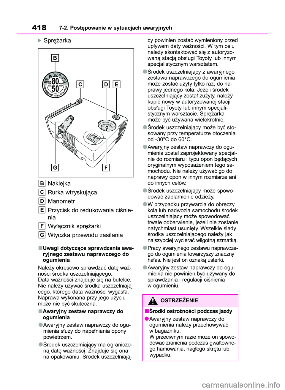 TOYOTA YARIS CROSS 2022  Instrukcja obsługi (in Polish) óSpr´˝arka
Naklejka
Rurka wtryskujàca
Manometr
Przycisk do redukowania ciÊnie-
nia
Wy∏àcznik spr´˝arki
Wtyczka przewodu zasilania
Uwagi dotyczàce sprawdzania awa-
ryjnego zestawu naprawczeg