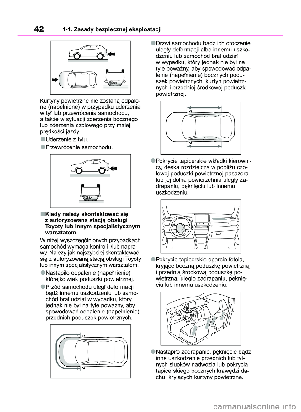 TOYOTA YARIS CROSS 2022  Instrukcja obsługi (in Polish) Kur tyny powietrzne nie zostanà odpalo-
ne (nape∏nione) w przypadku uderzenia
w ty∏ lub przewrócenia samochodu,
a tak˝e w sytuacji zderzenia bocznego
lub zderzenia czo∏owego przy ma∏ej
pr´