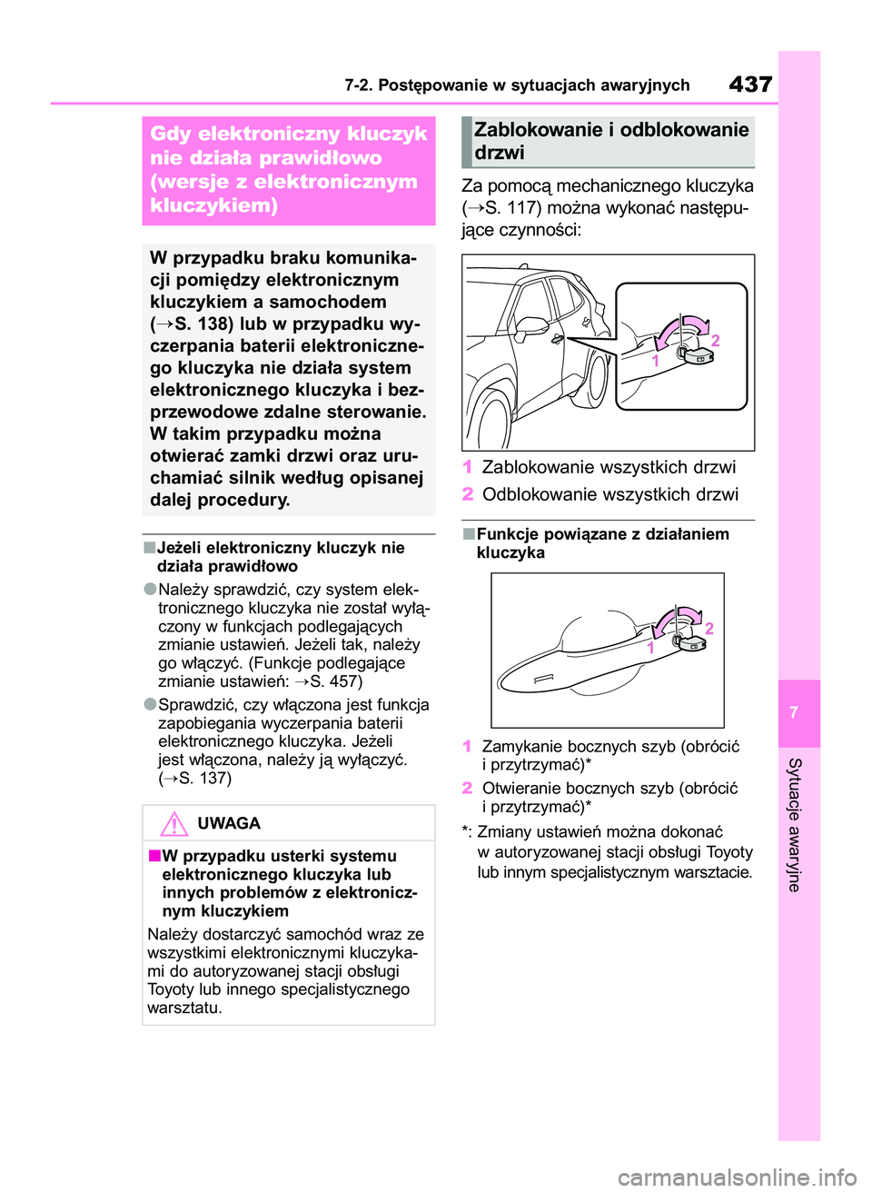TOYOTA YARIS CROSS 2022 Instrukcja obsługi (in Polish) Je˝eli elektroniczny kluczyk nie
dzia∏a prawid∏owo
Nale˝y sprawdziç, czy system elek-
tronicznego kluczyka nie zosta∏ wy∏à-
czony w funkcjach podlegajàcych
zmianie ustawieƒ. Je˝eli tak, TOYOTA YARIS CROSS 2022 Instrukcja obsługi (in Polish) Je˝eli elektroniczny kluczyk nie
dzia∏a prawid∏owo
Nale˝y sprawdziç, czy system elek-
tronicznego kluczyka nie zosta∏ wy∏à-
czony w funkcjach podlegajàcych
zmianie ustawieƒ. Je˝eli tak,