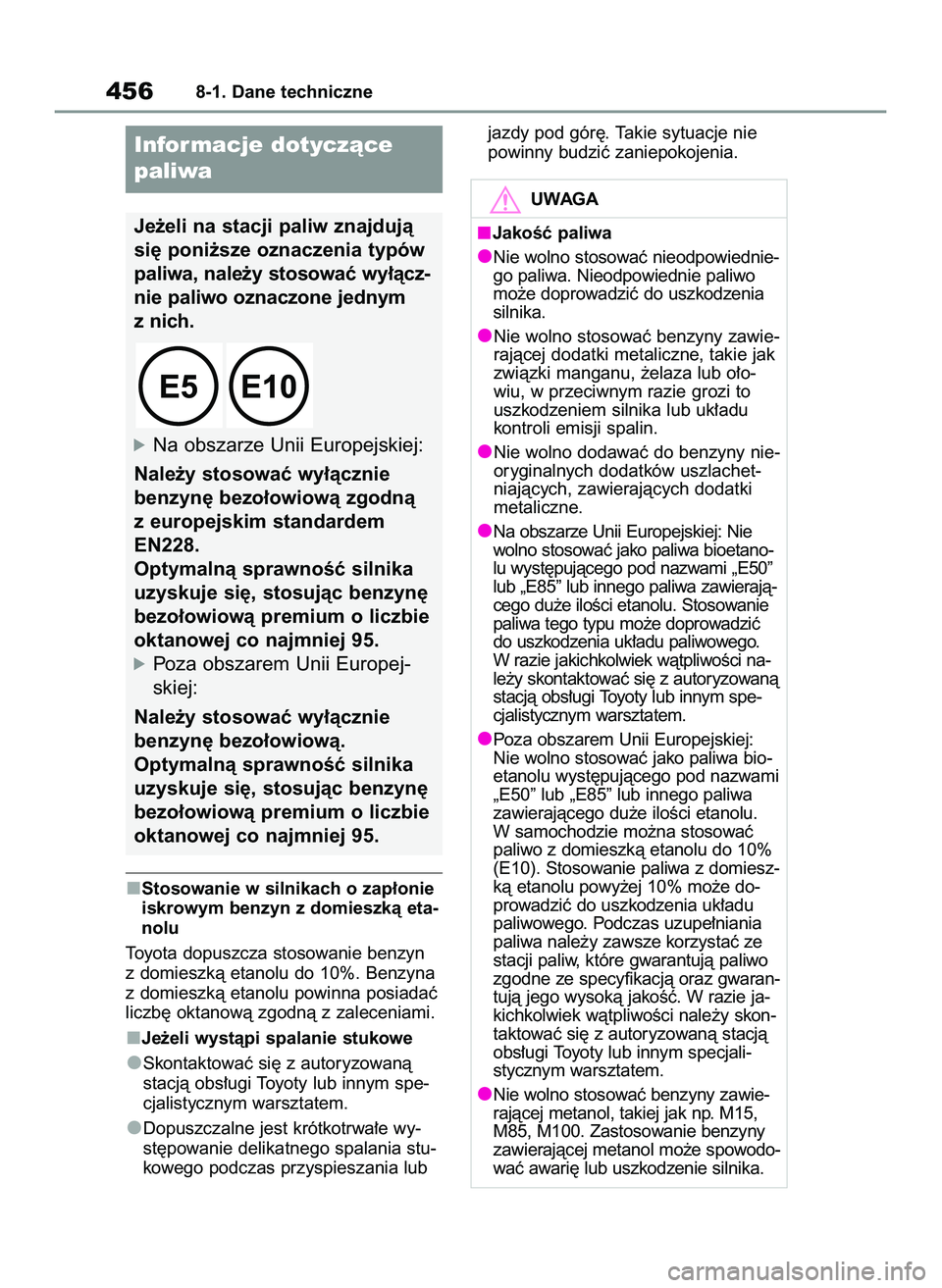 TOYOTA YARIS CROSS 2022 Instrukcja obsługi (in Polish) Stosowanie w silnikach o zap∏onie
iskrowym benzyn z domieszkà eta-
nolu
Toyota dopuszcza stosowanie benzyn
z domieszkà etanolu do 10%. Benzyna
z domieszkà etanolu powinna posiadaç
liczb´ oktano TOYOTA YARIS CROSS 2022 Instrukcja obsługi (in Polish) Stosowanie w silnikach o zap∏onie
iskrowym benzyn z domieszkà eta-
nolu
Toyota dopuszcza stosowanie benzyn
z domieszkà etanolu do 10%. Benzyna
z domieszkà etanolu powinna posiadaç
liczb´ oktano