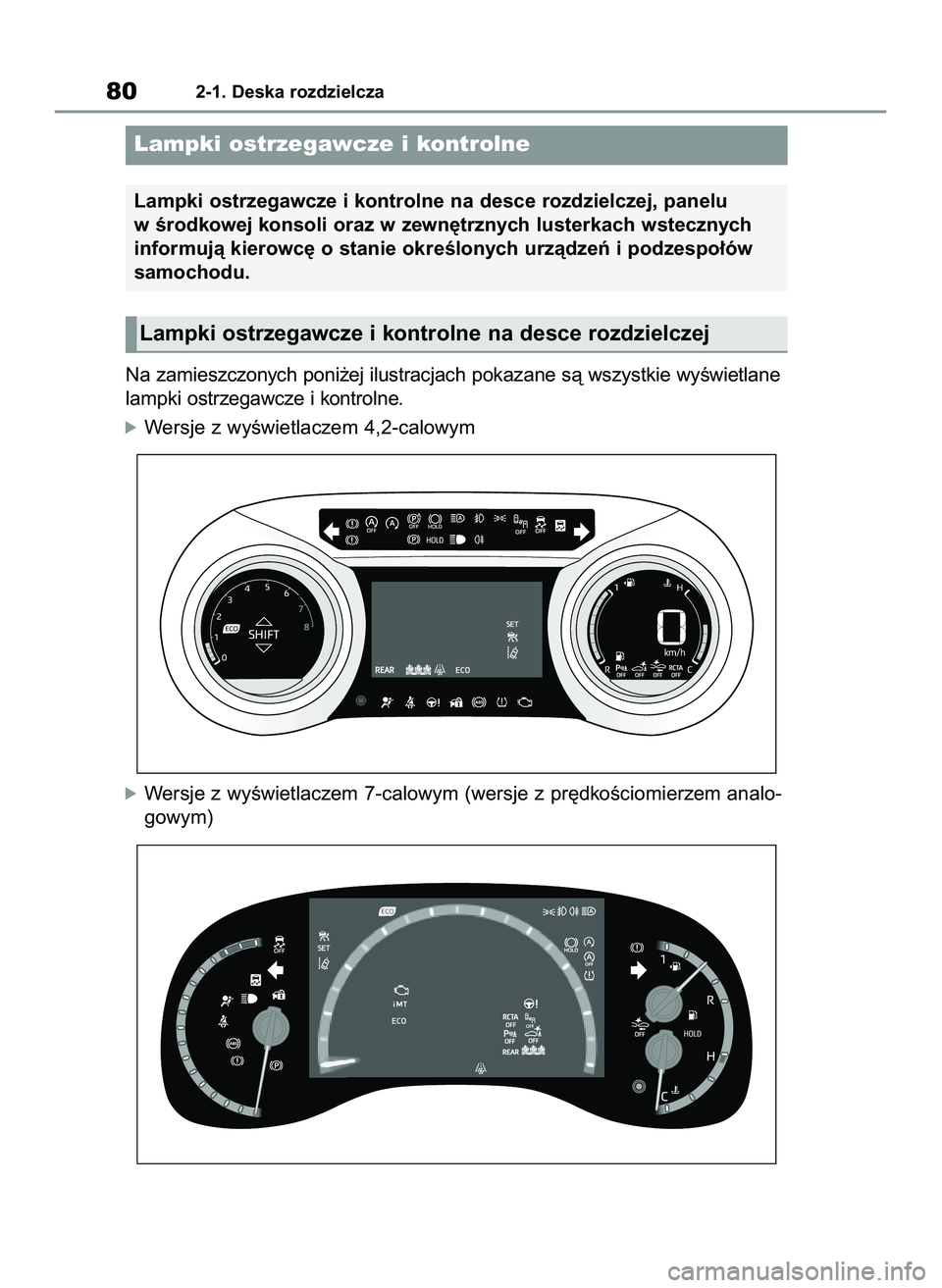 TOYOTA YARIS CROSS 2022  Instrukcja obsługi (in Polish) Na zamieszczonych poni˝ej ilustracjach pokazane sà wszystkie wyÊwietlane
lampki ostrzegawcze i kontrolne.
óWersje z wyÊwietlaczem 4,2-calowym
óWersje z wyÊwietlaczem 7-calowym (wersje z pr´dko