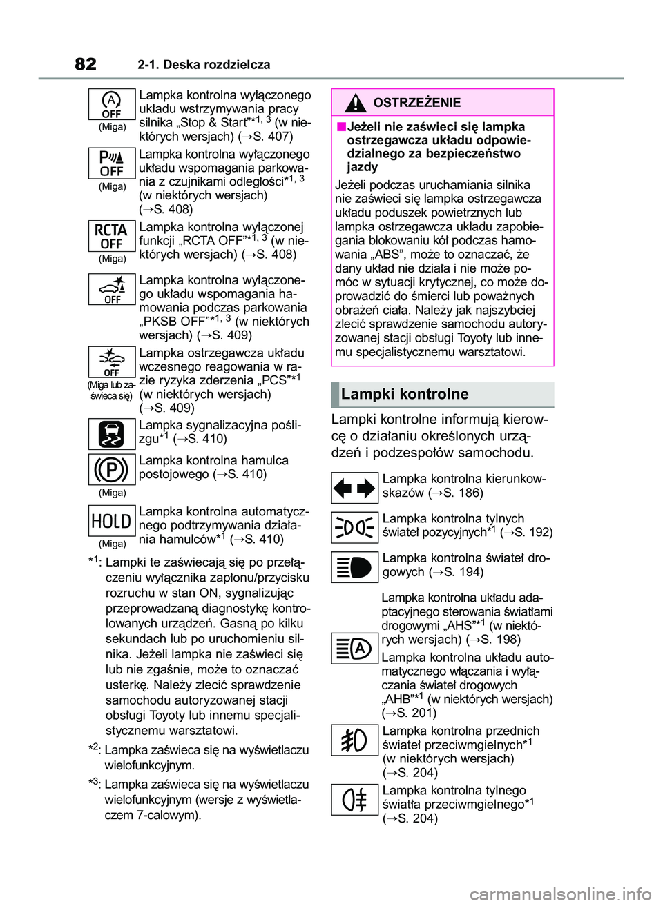 TOYOTA YARIS CROSS 2022  Instrukcja obsługi (in Polish) Lampka kontrolna wy∏àczonego
uk∏adu wstrzymywania pracy
silnika „Stop & Star t”*
1, 3(w nie-
których wersjach) (
S. 407)
Lampka kontrolna wy∏àczonego
uk∏adu wspomagania parkowa-
nia z 