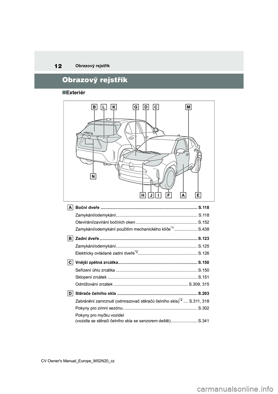 TOYOTA YARIS CROSS 2022 Návod na použití (in Czech) 12
CV Owner's Manual_Europe_M52N20_cz
Obrazový rejstřík
Obrazový rejstřík
■Exteriér
Boční dveře ................................................................................... S.11 TOYOTA YARIS CROSS 2022 Návod na použití (in Czech) 12
CV Owner's Manual_Europe_M52N20_cz
Obrazový rejstřík
Obrazový rejstřík
■Exteriér
Boční dveře ................................................................................... S.11