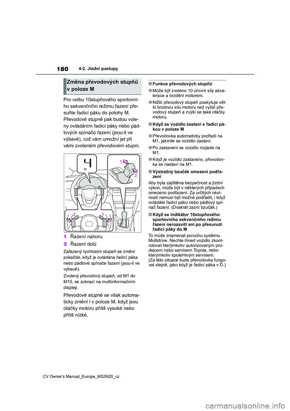TOYOTA YARIS CROSS 2022  Návod na použití (in Czech) 180
CV Owner's Manual_Europe_M52N20_cz
4-2. Jízdní postupy
Pro volbu 10stupňového sportovní- 
ho sekvenčního režimu řazení pře-
suňte řadicí páku do polohy M. 
Převodové stupně  