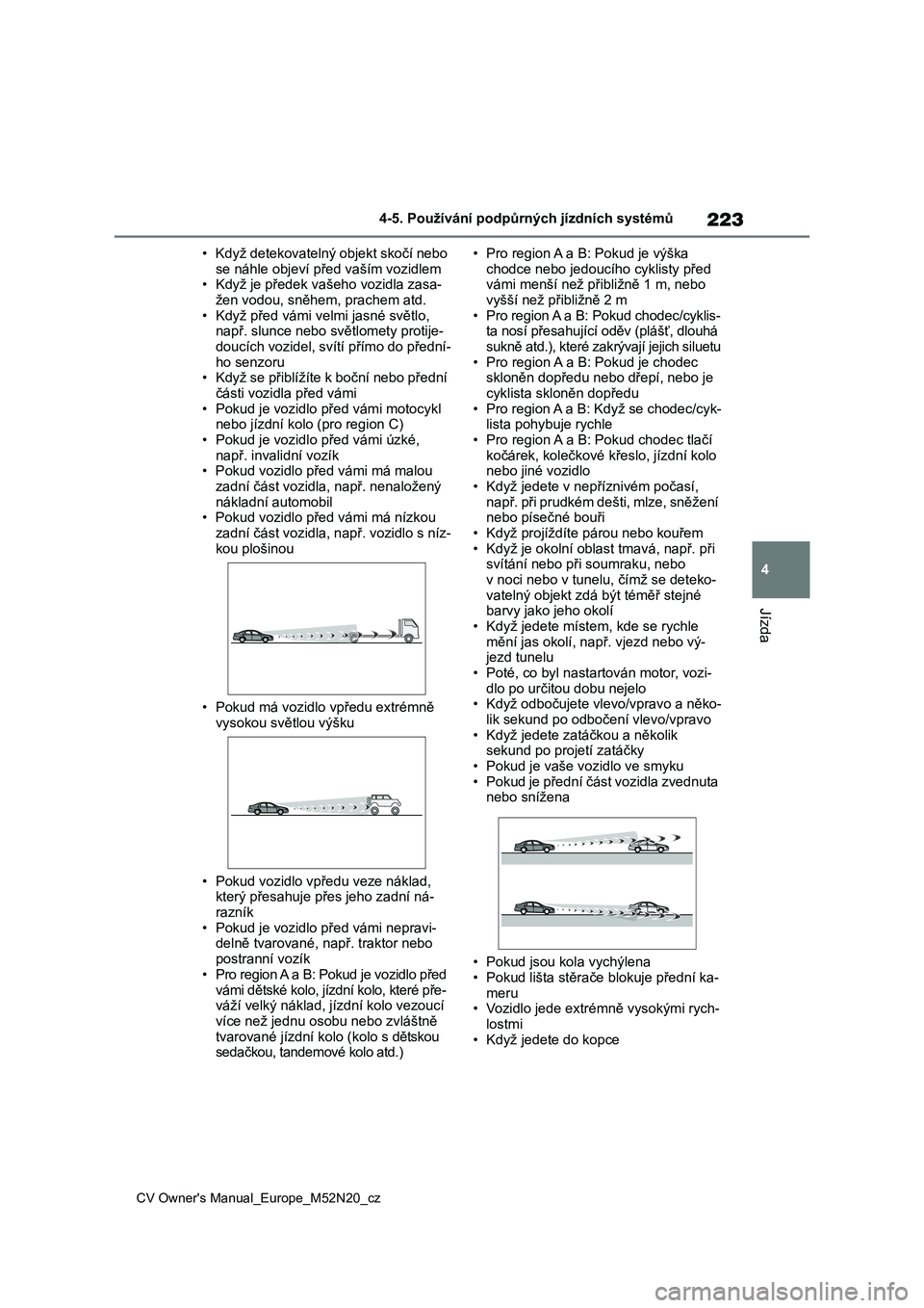 TOYOTA YARIS CROSS 2022  Návod na použití (in Czech) 223
4
CV Owner's Manual_Europe_M52N20_cz
4-5. Používání podpůrných jízdních systémů
Jízda
• Když detekovatelný objekt skočí nebo  
se náhle objeví př ed vaším vozidlem • Kd