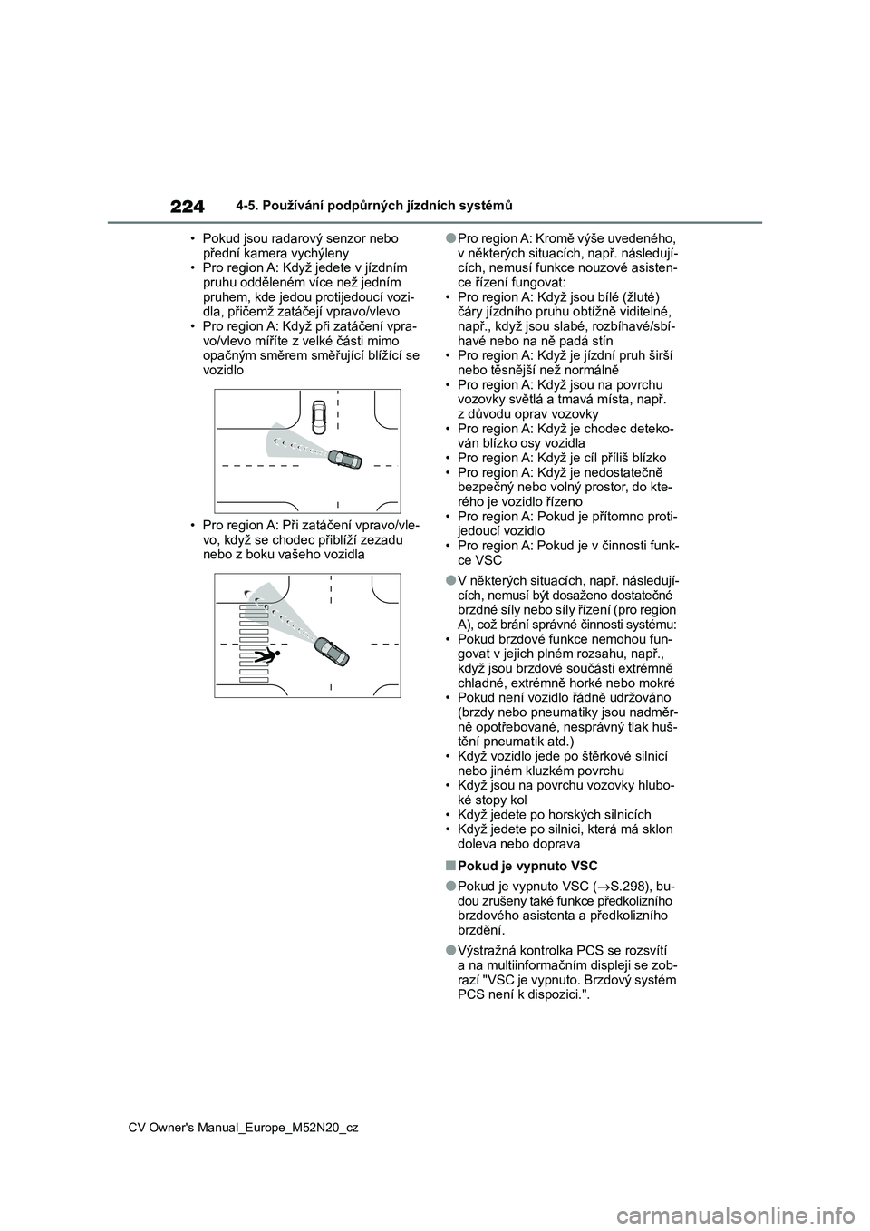 TOYOTA YARIS CROSS 2022  Návod na použití (in Czech) 224
CV Owner's Manual_Europe_M52N20_cz
4-5. Používání podpůrných jízdních systémů 
• Pokud jsou radarový senzor nebo  
přední kamera vychýleny • Pro region A: Když jedete v jíz