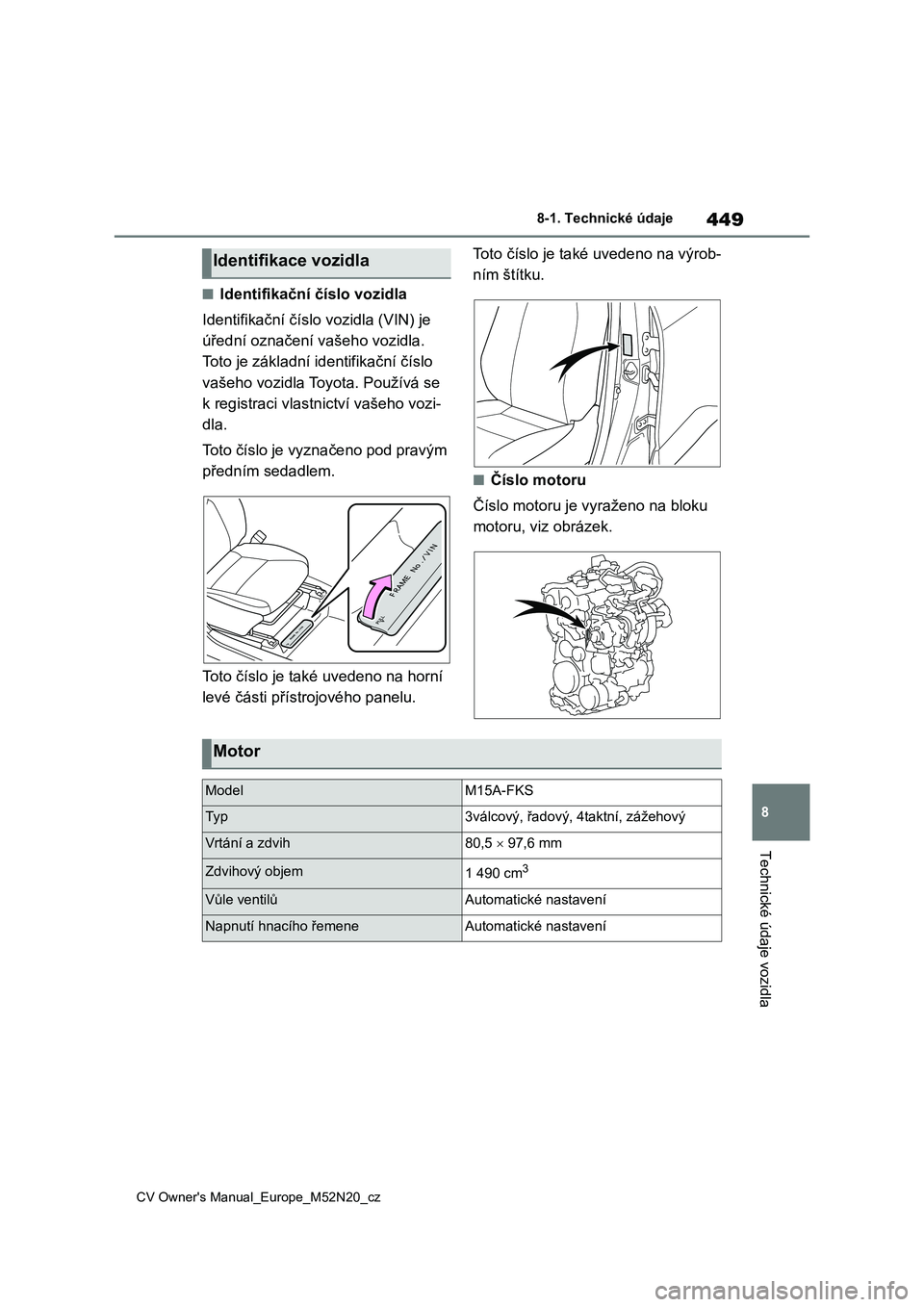 TOYOTA YARIS CROSS 2022 Návod na použití (in Czech) 449
8
CV Owner's Manual_Europe_M52N20_cz
8-1. Technické údaje
Technické údaje vozidla
■Identifikační číslo vozidla
Identifikační číslo vozidla (VIN) je
úřední označení vašeh TOYOTA YARIS CROSS 2022 Návod na použití (in Czech) 449
8
CV Owner's Manual_Europe_M52N20_cz
8-1. Technické údaje
Technické údaje vozidla
■Identifikační číslo vozidla
Identifikační číslo vozidla (VIN) je
úřední označení vašeh