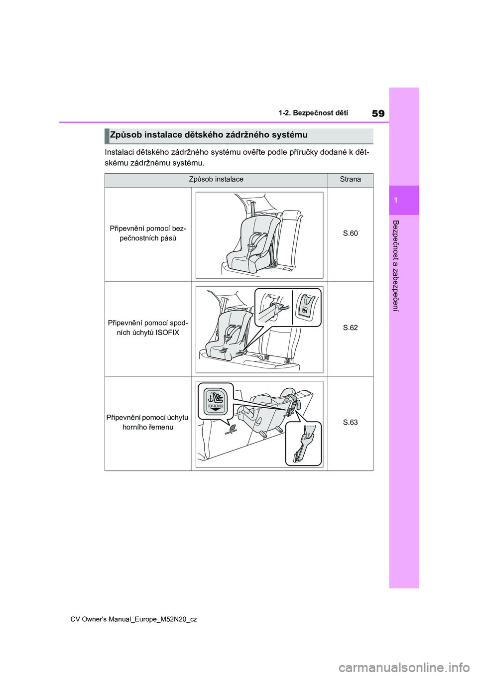 TOYOTA YARIS CROSS 2022 Návod na použití (in Czech) 59
1
CV Owner's Manual_Europe_M52N20_cz
1-2. Bezpečnost dětí
Bezpečnost a zabezpečení
Instalaci dětského zádržného systému ověřte podle příručky dodané k dět-
skému zádržné TOYOTA YARIS CROSS 2022 Návod na použití (in Czech) 59
1
CV Owner's Manual_Europe_M52N20_cz
1-2. Bezpečnost dětí
Bezpečnost a zabezpečení
Instalaci dětského zádržného systému ověřte podle příručky dodané k dět-
skému zádržné