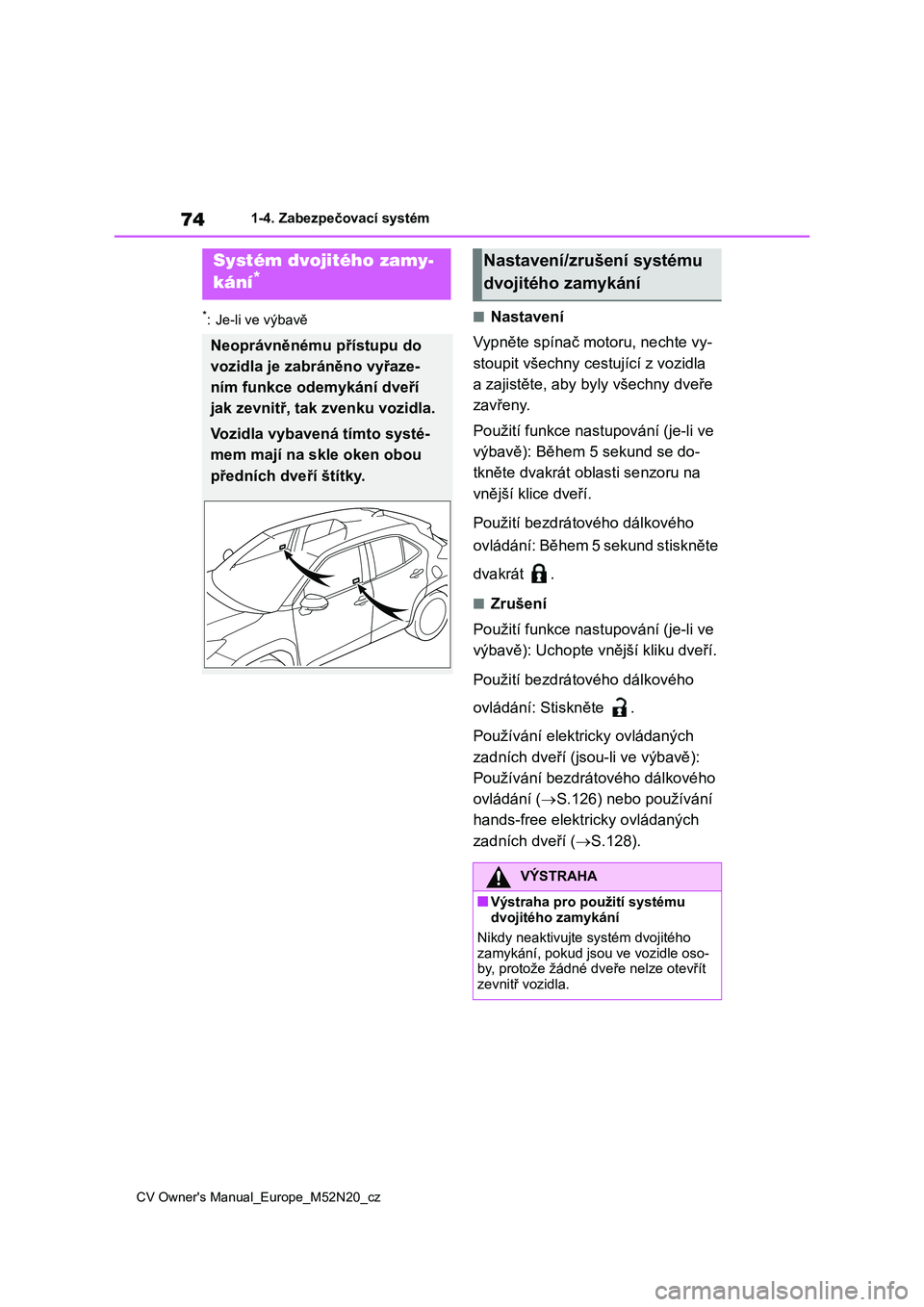 TOYOTA YARIS CROSS 2022 Návod na použití (in Czech) 74
CV Owner's Manual_Europe_M52N20_cz
1-4. Zabezpečovací systém
*: Je-li ve výbavě■Nastavení
Vypněte spínač motoru, nechte vy-
stoupit všechny cestující z vozidla
a zajistěte, ab TOYOTA YARIS CROSS 2022 Návod na použití (in Czech) 74
CV Owner's Manual_Europe_M52N20_cz
1-4. Zabezpečovací systém
*: Je-li ve výbavě■Nastavení
Vypněte spínač motoru, nechte vy-
stoupit všechny cestující z vozidla
a zajistěte, ab