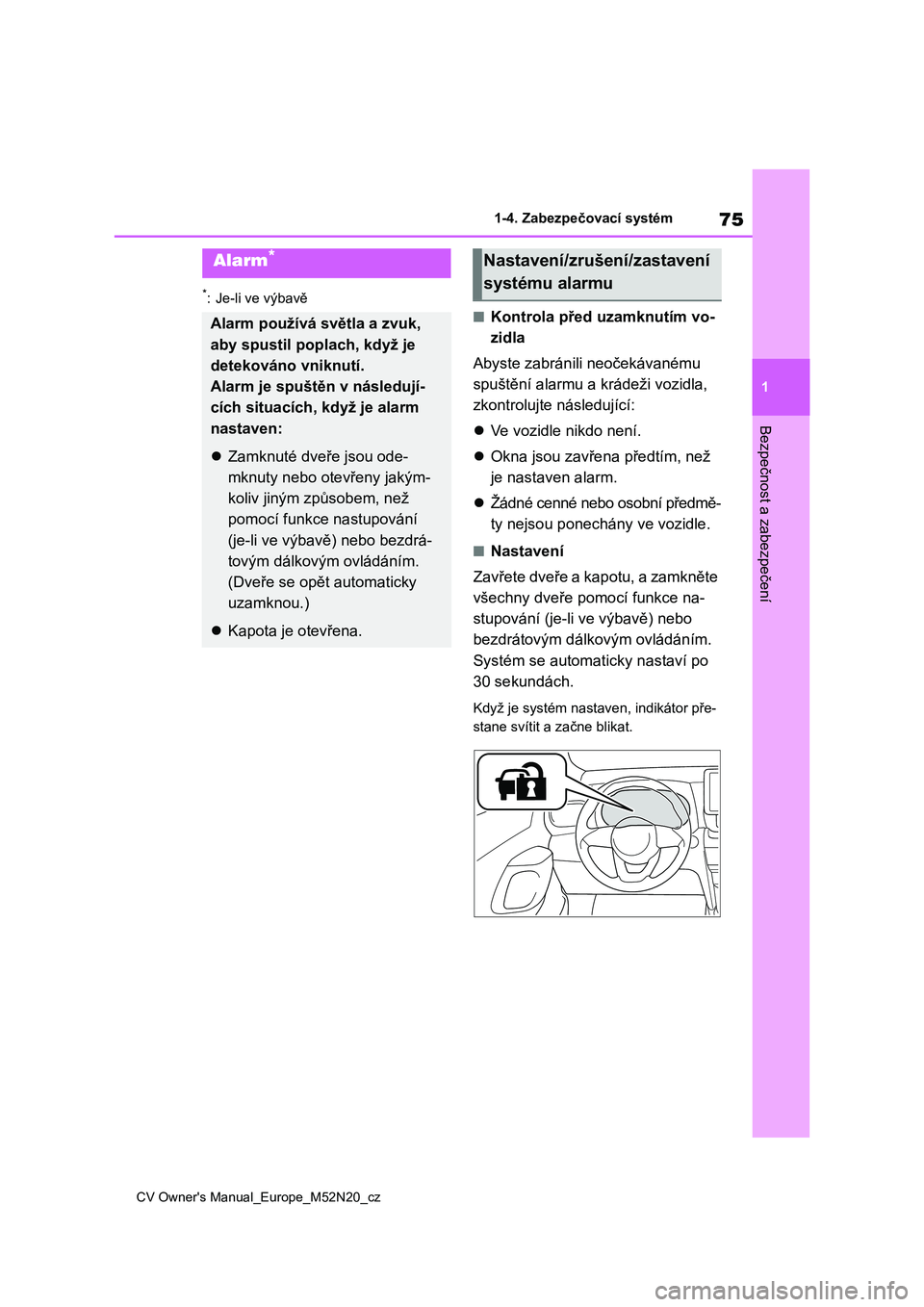 TOYOTA YARIS CROSS 2022 Návod na použití (in Czech) 75
1
CV Owner's Manual_Europe_M52N20_cz
1-4. Zabezpečovací systém
Bezpečnost a zabezpečení
*: Je-li ve výbavě
■Kontrola před uzamknutím vo-
zidla
Abyste zabránili neočekávanému TOYOTA YARIS CROSS 2022 Návod na použití (in Czech) 75
1
CV Owner's Manual_Europe_M52N20_cz
1-4. Zabezpečovací systém
Bezpečnost a zabezpečení
*: Je-li ve výbavě
■Kontrola před uzamknutím vo-
zidla
Abyste zabránili neočekávanému