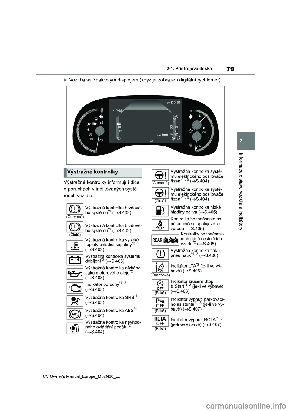 TOYOTA YARIS CROSS 2022 Návod na použití (in Czech) 79
2
CV Owner's Manual_Europe_M52N20_cz
2-1. Přístrojová deska
Informace o stavu vozidla a indikátory
Vozidla se 7palcovým displejem (když je zobrazen digitální rychloměr)
Výstražn TOYOTA YARIS CROSS 2022 Návod na použití (in Czech) 79
2
CV Owner's Manual_Europe_M52N20_cz
2-1. Přístrojová deska
Informace o stavu vozidla a indikátory
Vozidla se 7palcovým displejem (když je zobrazen digitální rychloměr)
Výstražn