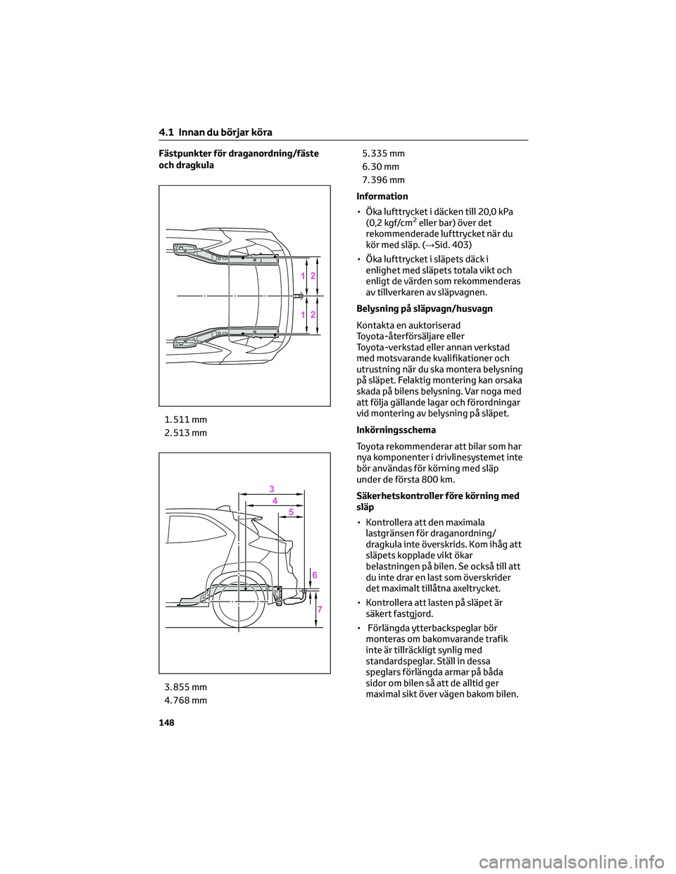 TOYOTA YARIS CROSS 2022 Bruksanvisningar (in Swedish) Fästpunkter för draganordning/fäste
och dragkula
1. 511 mm
2. 513 mm
3. 855 mm
4. 768 mm5. 335 mm
6. 30 mm
7. 396 mm
Information
• Öka lufttrycket i däcken till 20,0 kPa
(0,2 kgf/cm
2eller bar) TOYOTA YARIS CROSS 2022 Bruksanvisningar (in Swedish) Fästpunkter för draganordning/fäste
och dragkula
1. 511 mm
2. 513 mm
3. 855 mm
4. 768 mm5. 335 mm
6. 30 mm
7. 396 mm
Information
• Öka lufttrycket i däcken till 20,0 kPa
(0,2 kgf/cm
2eller bar)