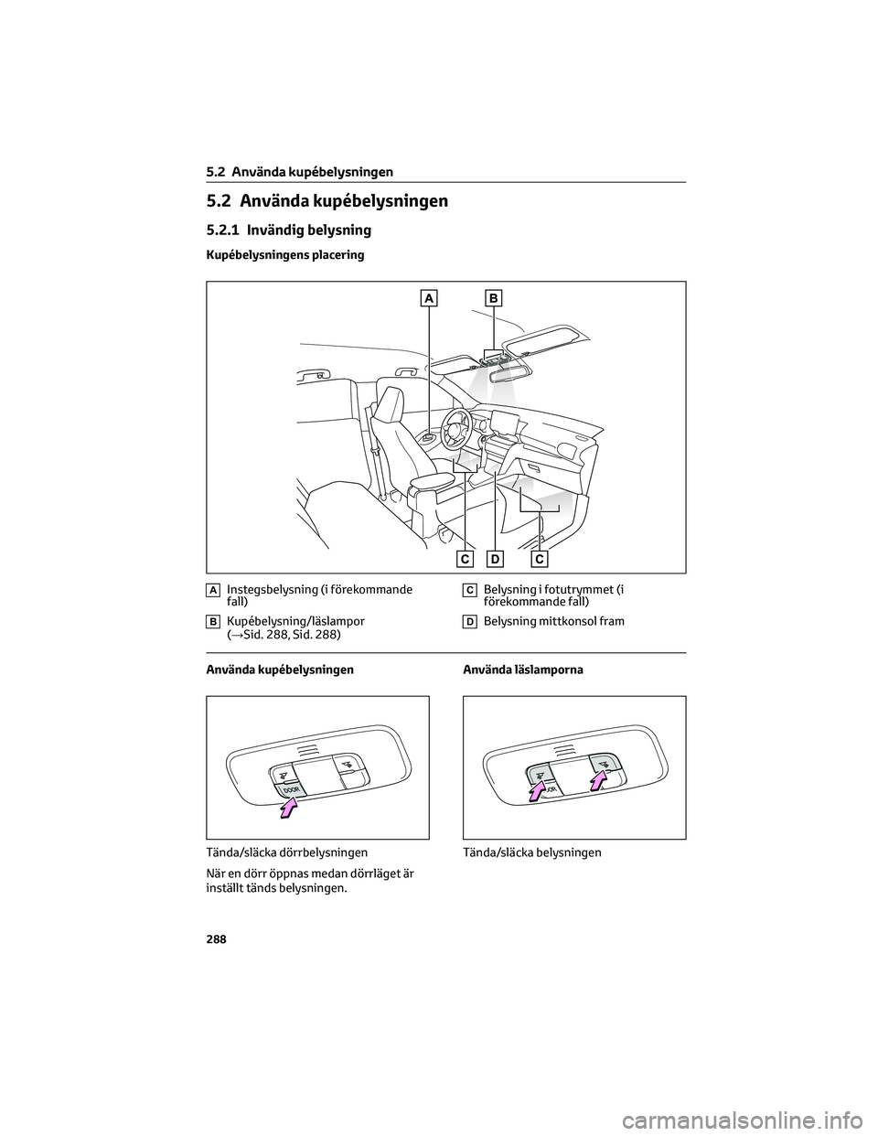 TOYOTA YARIS CROSS 2022  Bruksanvisningar (in Swedish) 5.2 Använda kupébelysningen
5.2.1 Invändig belysning
Kupébelysningens placering
AInstegsbelysning (i förekommande
fall)
BKupébelysning/läslampor
(→Sid. 288, Sid. 288)
CBelysning i fotutrymmet